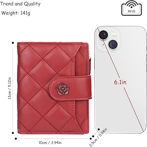 Vista 2 de LJCZKA Cartera de cuero vegano para mujer, tarjetero RFID, pequeño bolsillo con cremallera, billetera corta con ventana para identificación, Rojo