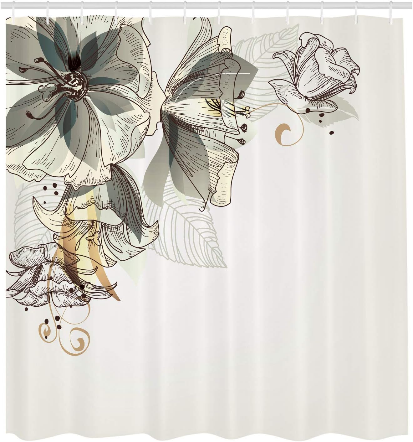 Ambesonne Flowers Shower Curtain, Buds Leaf at The top Left Corner Season Celebrating Theme Illustration, Cloth Fabric Bathroom Decor Set with Hooks, 69" W x 70" L, Grey White