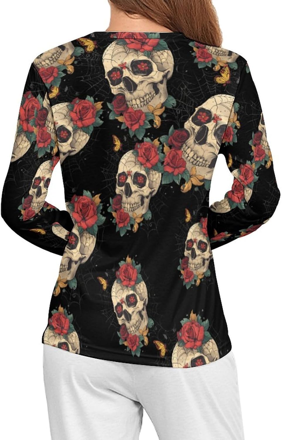 Rose Skull Spider Web Women's Pajama Top Sleepwear Pajamas Sleep T-Shirt Long Sleeve Shirt Crewneck Tee