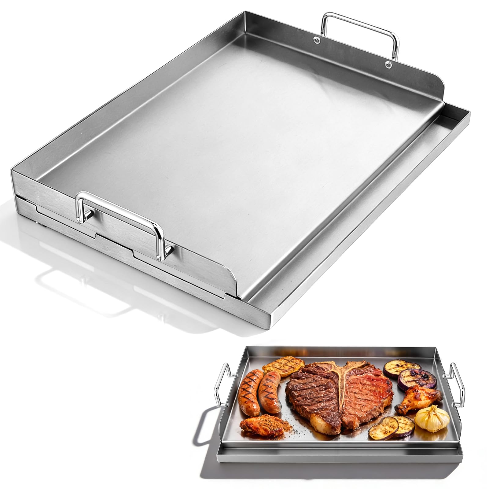 Edelstahl Plancha Grillplatte Edelstahl Massive Stahlgrillplatte Herd für Gas- & Holzkohlegrill,Gleichmäßige Hitzeverteilung,vielseitig für Garten,Camping,Feste,43x32,2cm