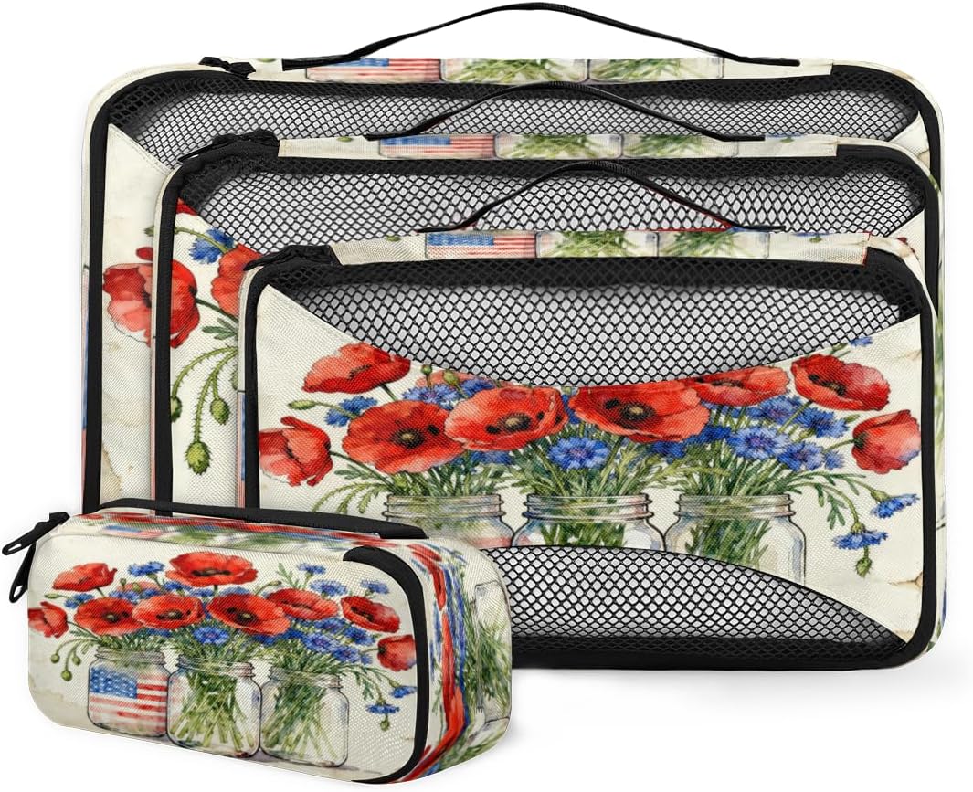 Watercolor poppy and cornflower Travel packaging box 4 sets - 4 sizes of durable luggage storage boxes,comprehensive packaging boxes for toiletries,underwear,shoes,and travel essentials