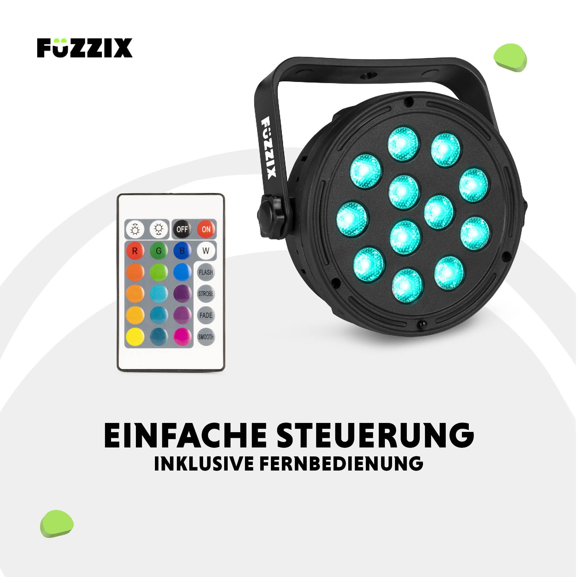 BeamZ Fuzzix Comet M12 - Bühnenlicht LED Par 4er Set - Kraftvolle PAR Strahler - 12x RGB LEDs - Discolicht Partylicht - Fernbedienung - für DJ Bühnenbeleuchtung, Partys, Halloween