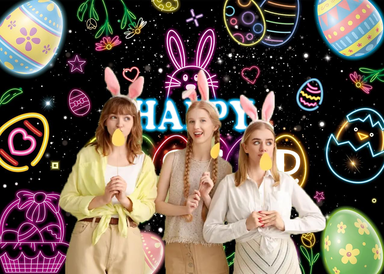 INRUI Glow Easter Photography Backdrop Glow in The Dark Happy Easter Colorful Bunny Eggs Party Decorations Banner (10x8FT)