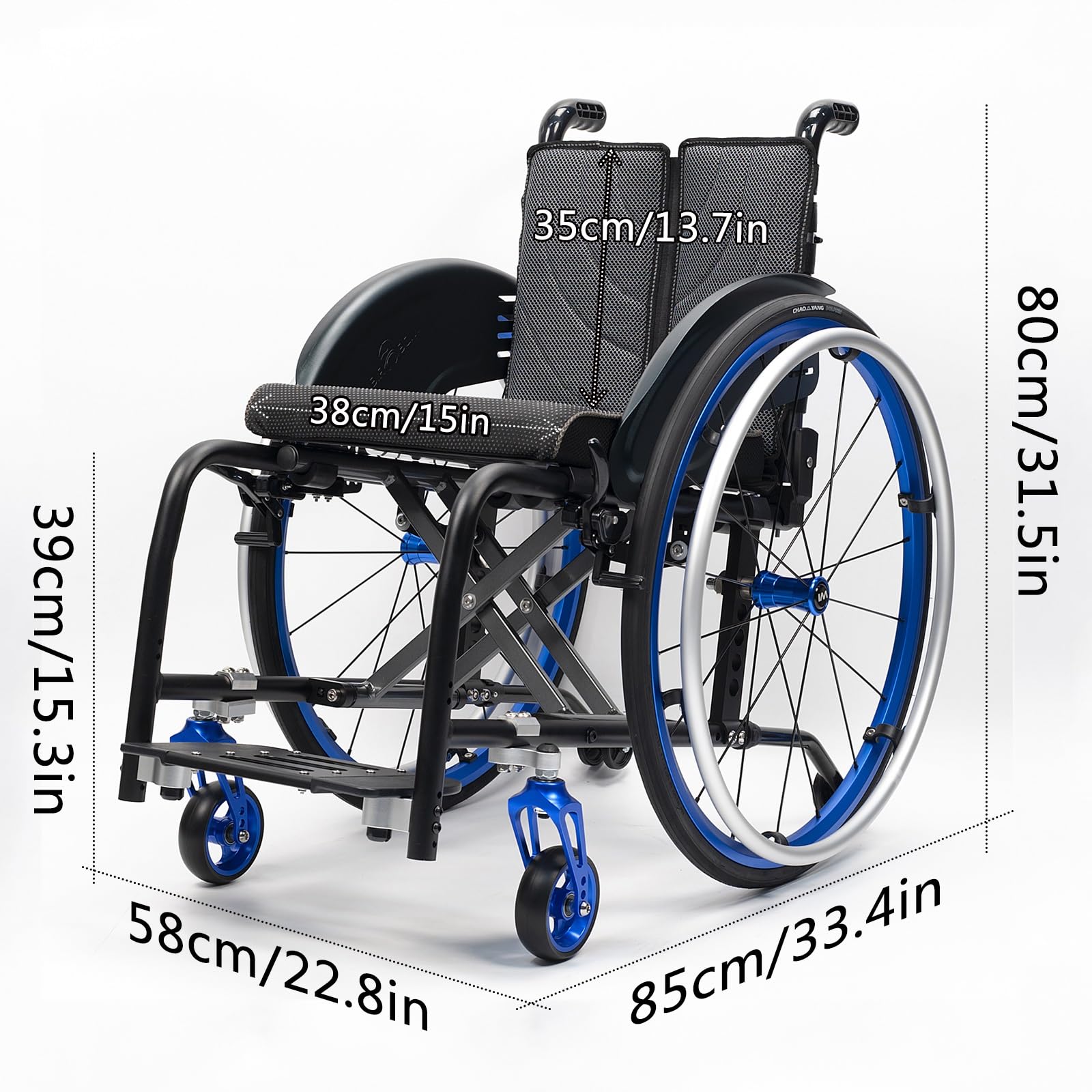 Silla de ruedas manual ligera, silla de ruedas deportiva ultraligera portátil todo terreno, silla de ruedas plegable, sillas de ruedas de transporte con antivuelco(Blue A,38cm/15in)
