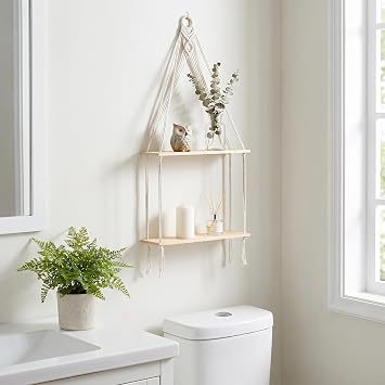 2 Pack Macrame Hanging Shelf, Boho Hanging Shelves, Rope Shelf, Handmade Cotton Wood Floating Display for Plants, Photos, Living Room, Bedroom, Bathroom, Beige
