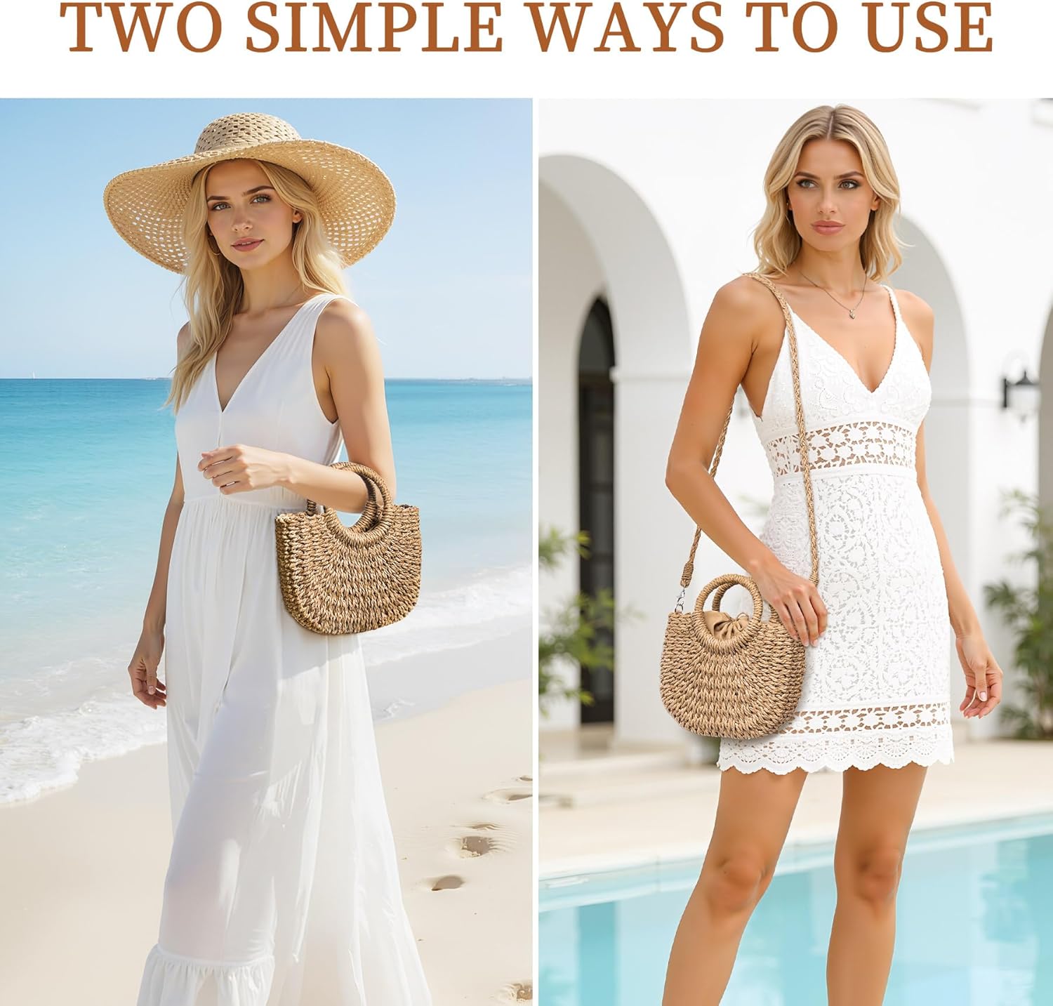 Rancco Straw Bags for Women, Rattan Purse with Round Wooden Handle, Detachable & Adjustable Beach Purses, Womens Shoulder Bag for Vacation Travel Casual Daily Use,10.25 * 9.25in