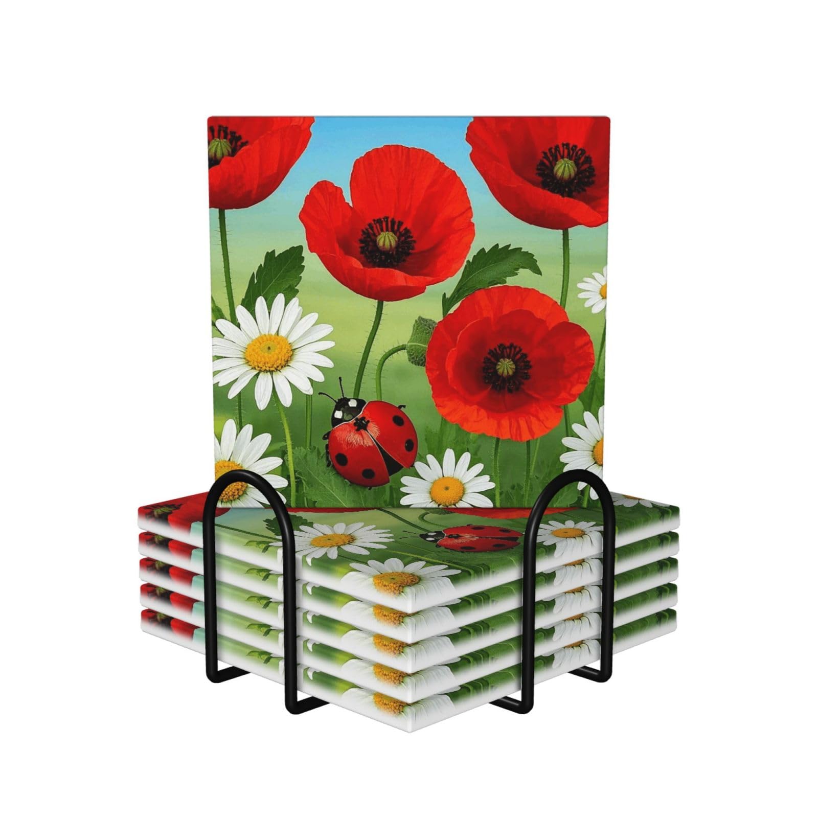 6Pcs Ceramics Coaster for Drinks, Chamomile Ladybug and Daisy Cup Coasters with Holder, Aesthetic Drink Coasters for Coffee Table, Absorbent Round Coaster for Tabletop Protection 4" Cup Mat Pad