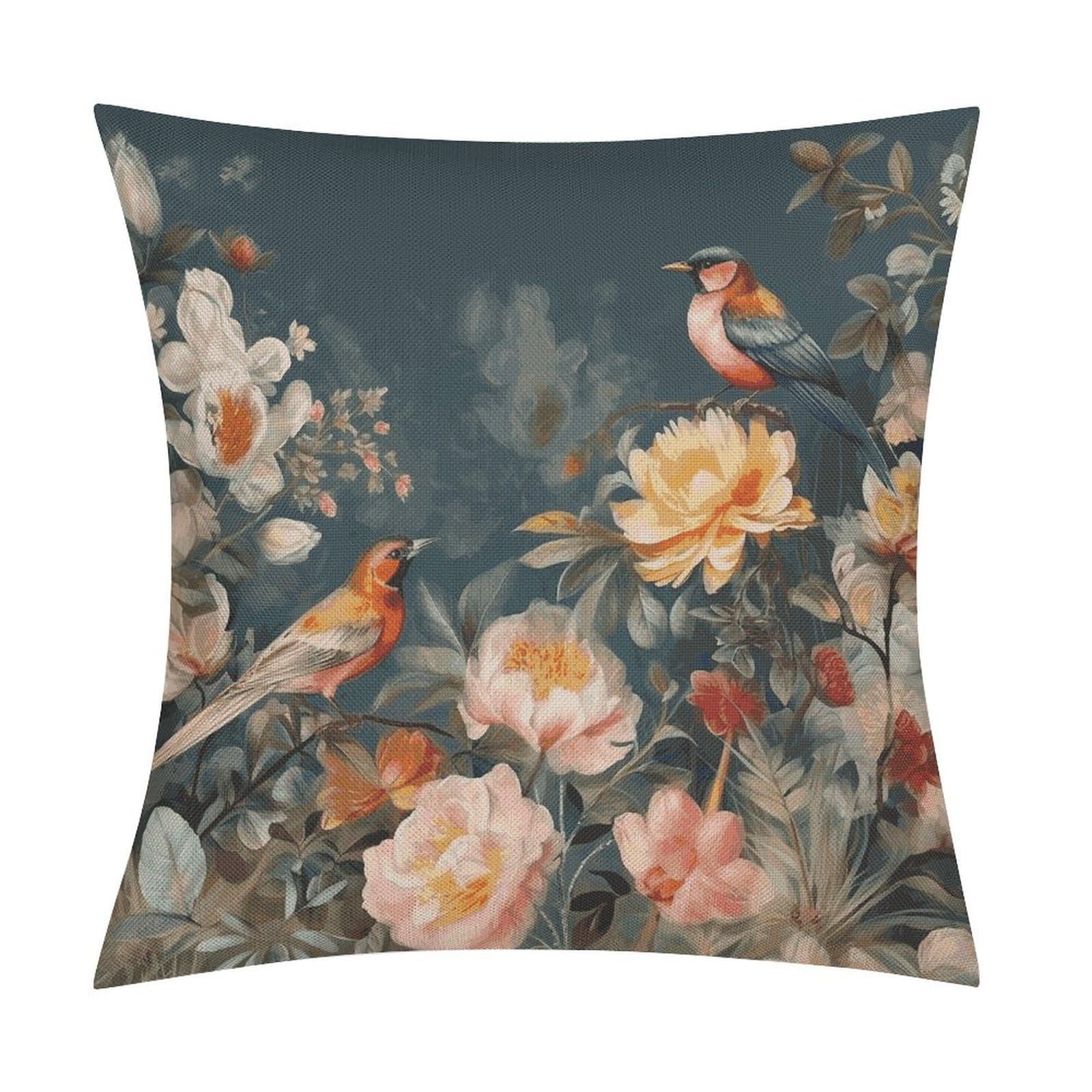 Fodpand Style Flowers Birds Pillow Covers 18X18 Inch, Pillow Cases Boho Farmhouse, Throw Pillow Covers For Couch Sofa Bed Spring Home Decor