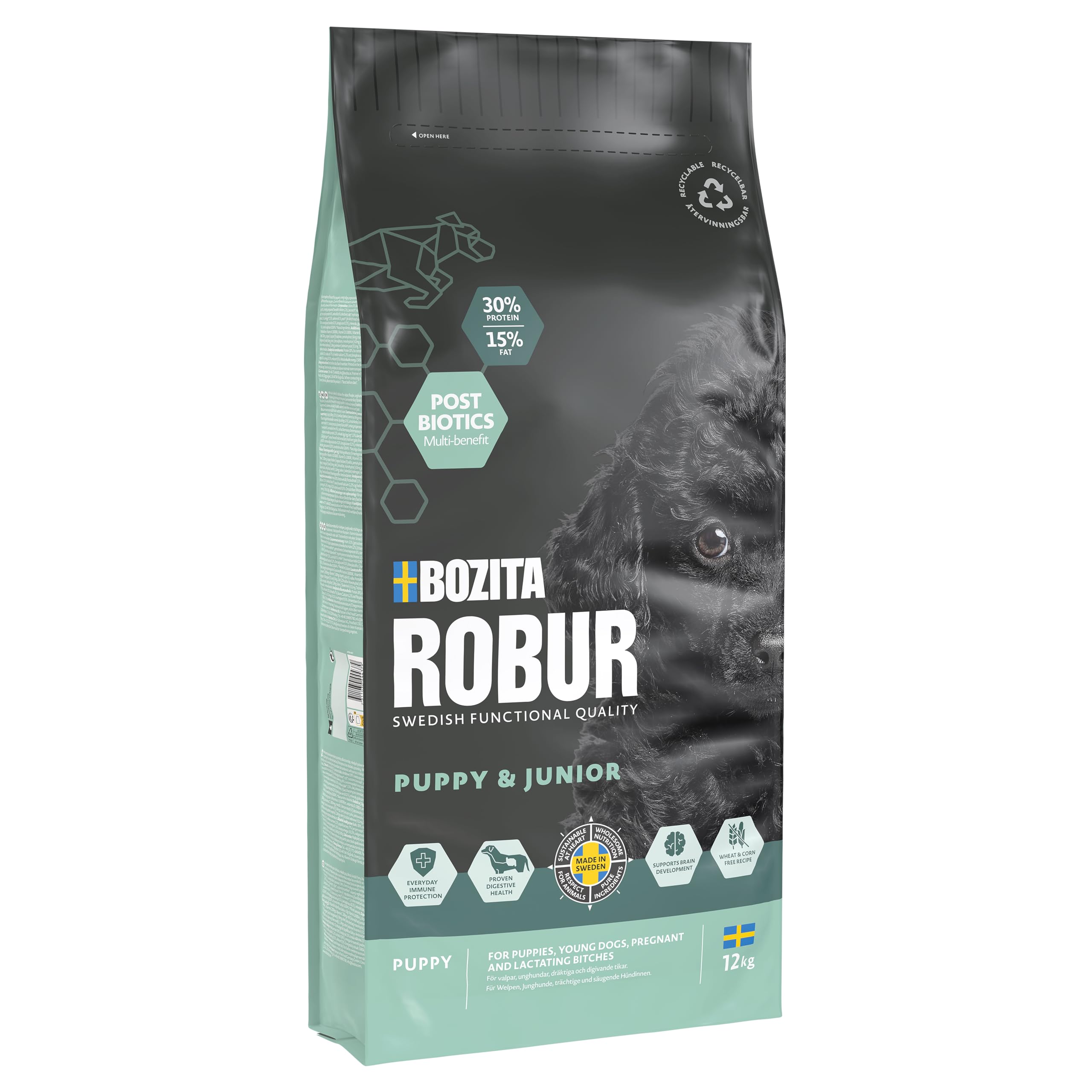 Bozita ROBUR Puppy & Junior Huhn 12kg - Welpenfutter Trockenfutter mit hoher Akzeptanz, Postbiotika ohne Weizen für kleine bis mittelgroße Rassen