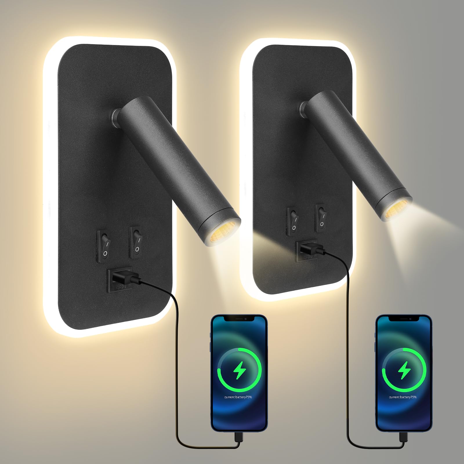 Lampada da lettura LED,Applique con interruttore e porta di ricarica USB+TYPE C,Applique orientabile da parete,lampada da interno da 3W 3000K+9W 6000K,lampada da comodino per camera da letto,Nero