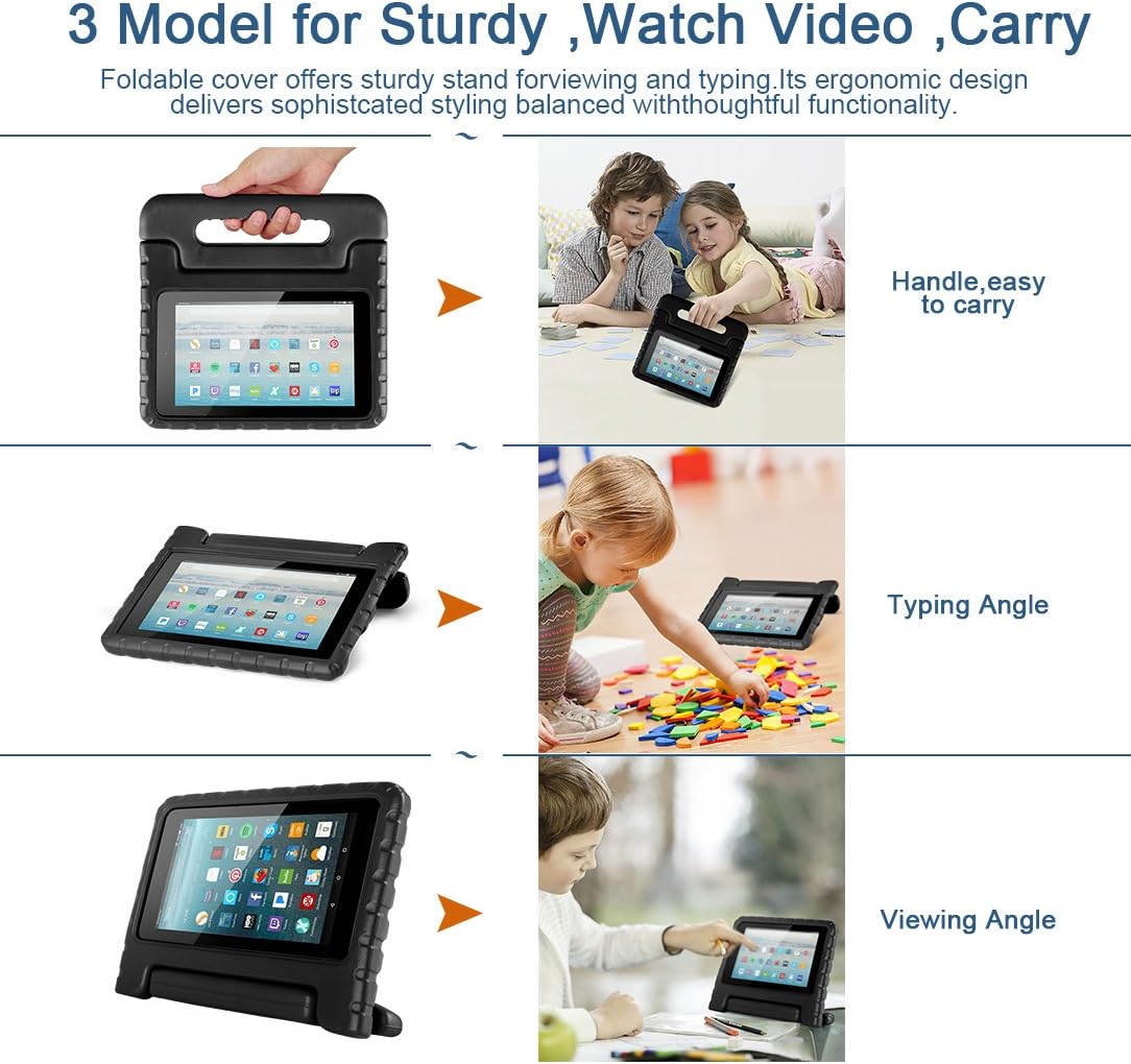 CAM-ULATA for Amazon Kindle Fire 7 Case Tablet Kid-Proof (5th Generation 2015 Release Edition) Kickstand EVA Shockproof Lightweight Folio Handle Stand Cover 7 inch for Kids Boys Girls Black