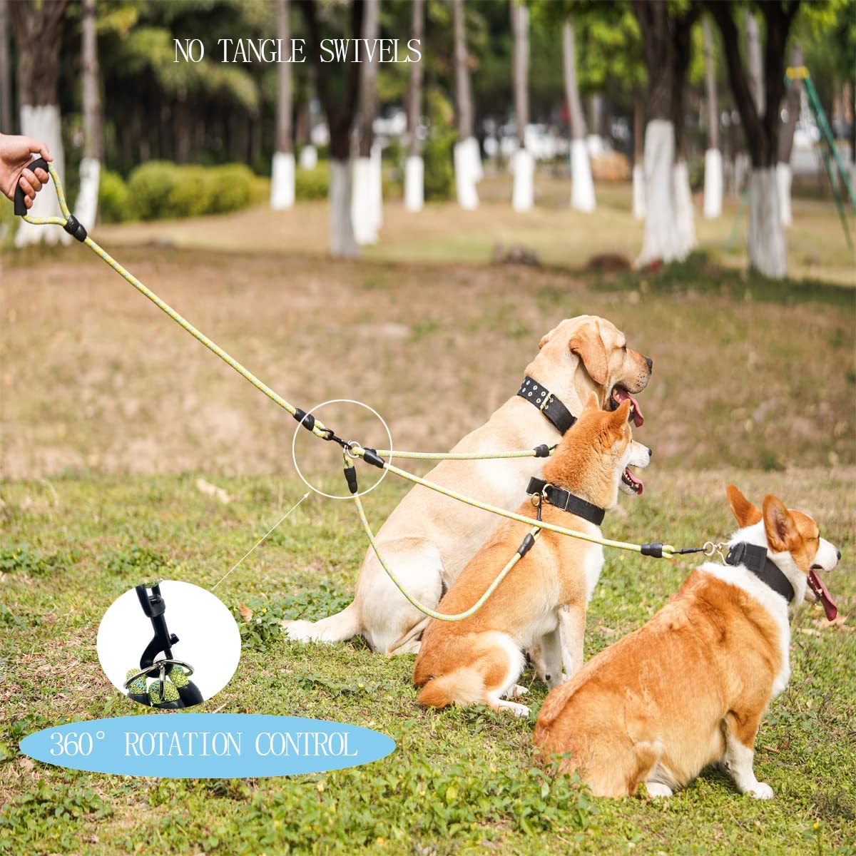 Laisse pour chien 3 en 1 en nylon durable avec poignée rembourrée, pivotante à 360 °, corde d'escalade amovible, corde de traction amovible pour chiens de moyenne et grande taille, vert et