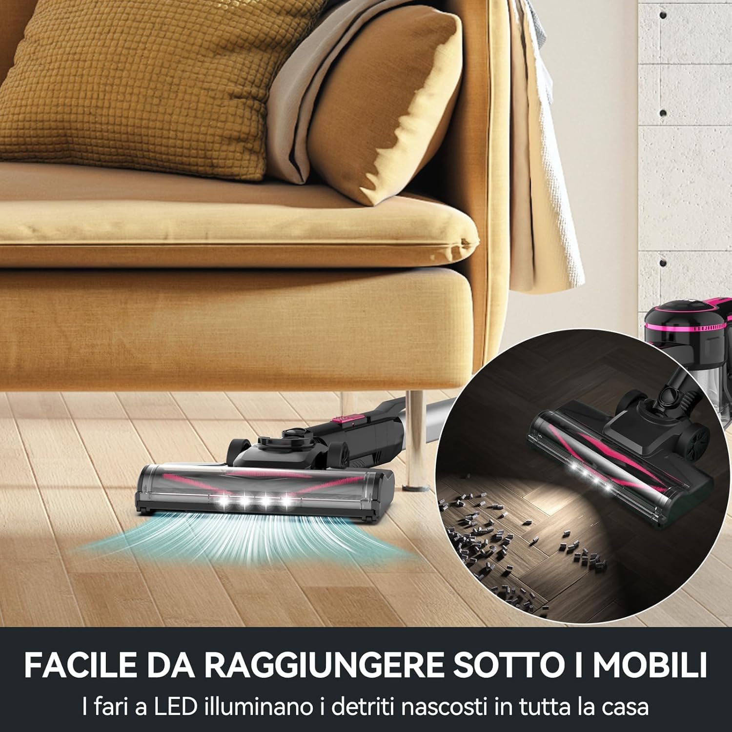 Generico Aspirapolvere Senza Fili Potente, Scopa Elettrica 45 Minuti Spazzola a LED Dust Cup Grande 1,2L, Scopa Elettrica in Piedi da Sola, per tappeti e peli di Animali
