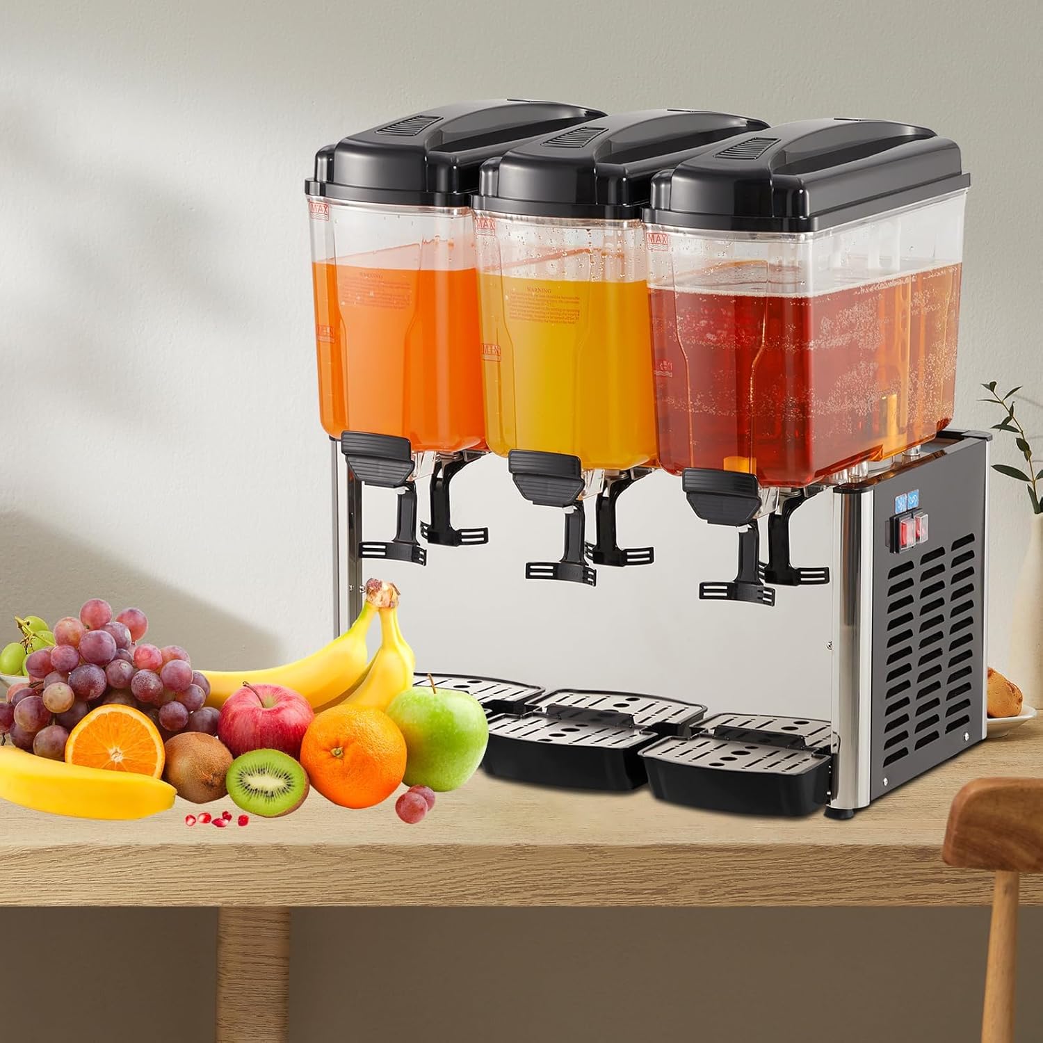 Stainless Steel Commercial Beverage Dispenser with Thermostat Control, 3-Tank 9.6 Gallon Capacity for Lemonade, Coffee, and Cold Drinks, Suitable for Home or Hospitality Use