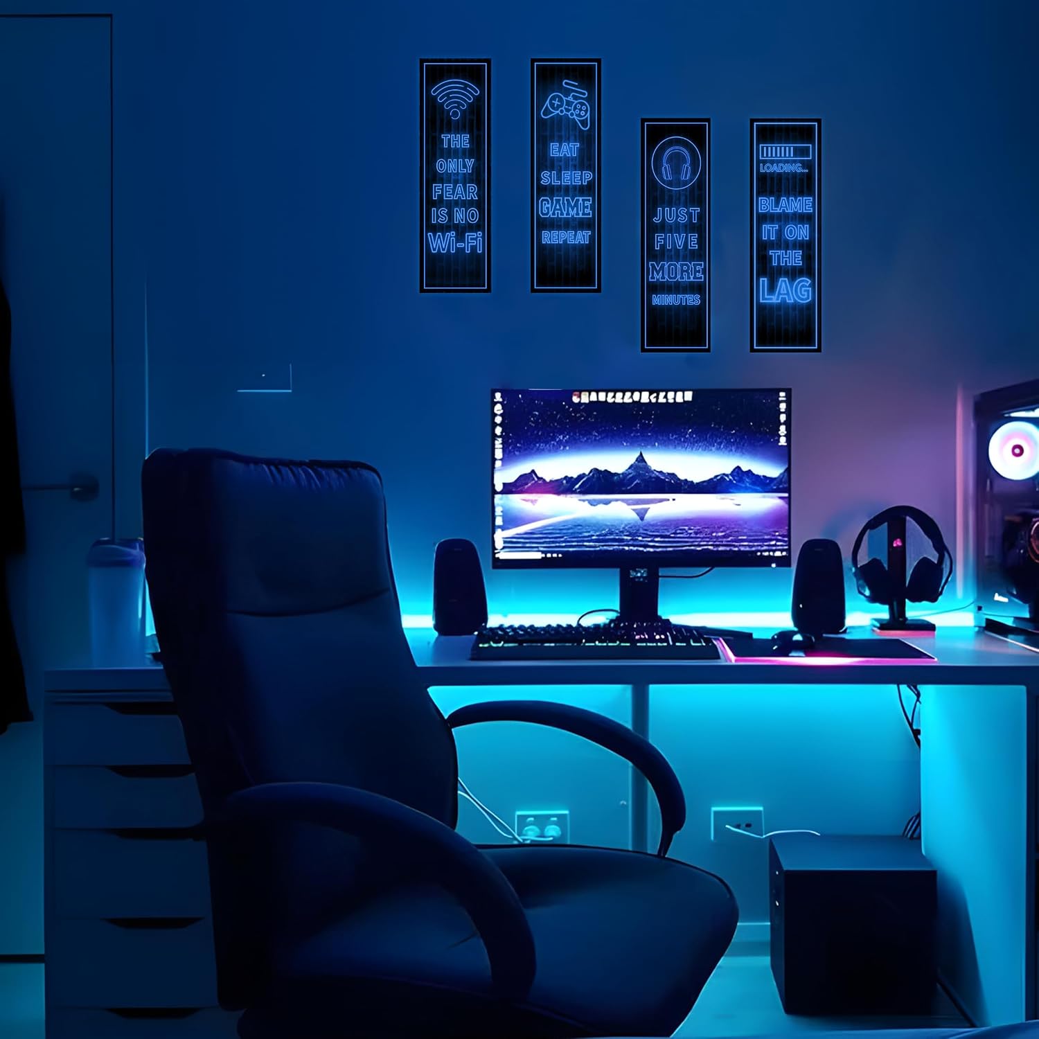 Eat Sleep Game Wall Decals Glow in The Dark, Gamer Controller Stickers Decor for Boy Bedroom, Joystick Video Gaming Kids Playroom Nursery Decoration (Blue)
