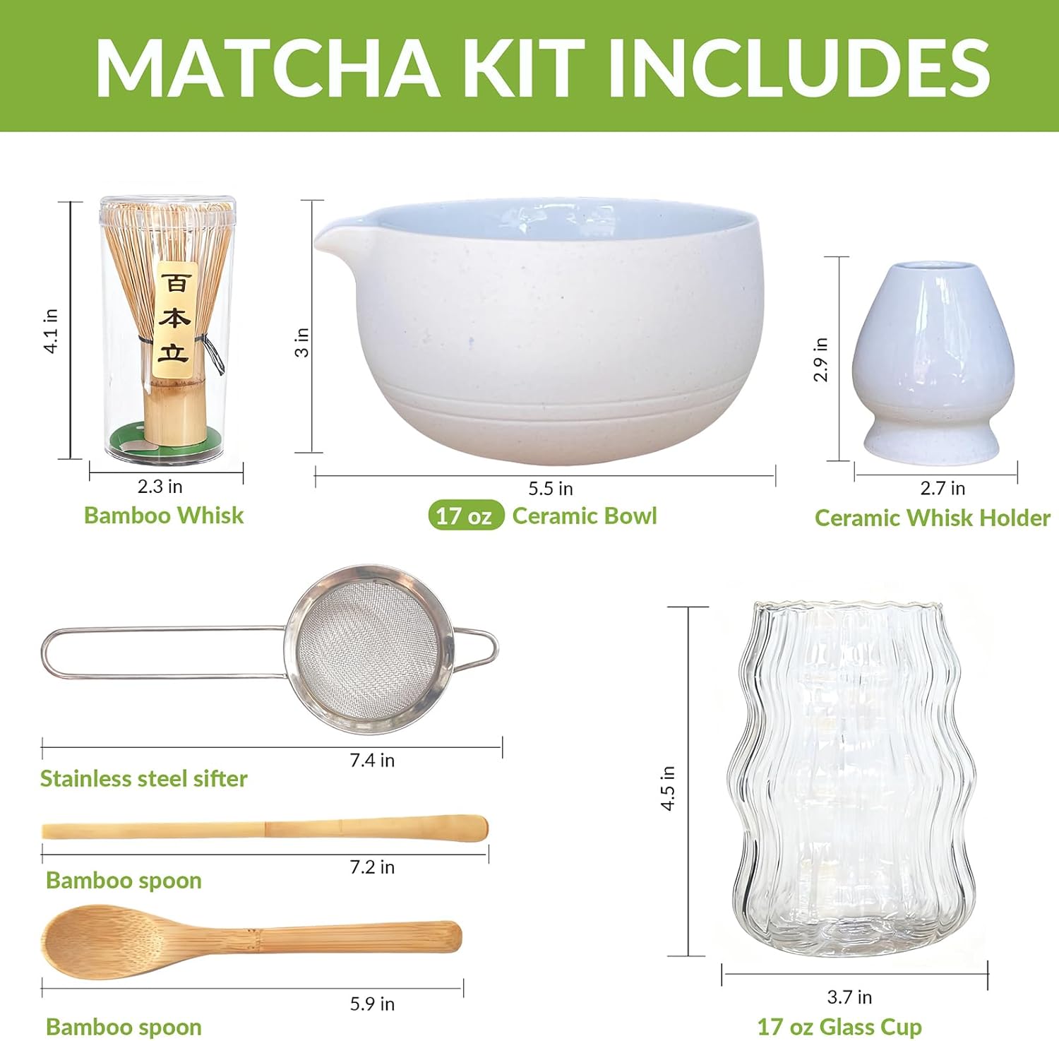 Matcha Whisk Set, Ceramic Matcha Kit Set Includes Matcha Bowl, Matcha Whisk and Holder, Bamboo Scoop, Scoop Rest, Sifter, Tea Towel and Glass Cup, 9 Pcs Matcha Kit for Matcha Lovers (White)