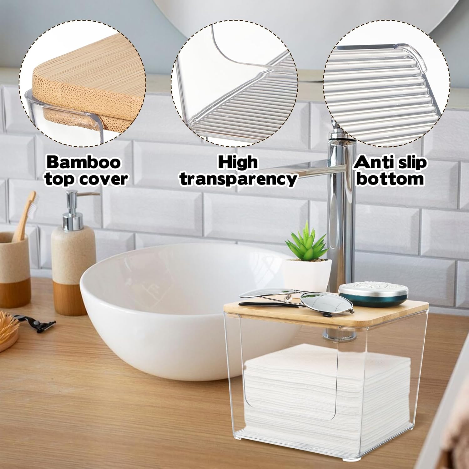 Rainmae Disposable Face Towel Holder, Acrylic Facial Towels Storage Box for XL Clean Skin Club, Upgrade Large Tissue Holder with Bamboo Lid Towel Organizer Container for Bathroom Vanity Countertop - Image 4