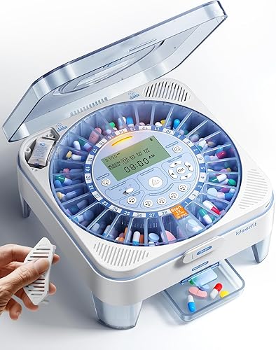 Dispensador automático de píldoras de 28 días (1X) – Dispensador diario de una sola pulsación, vaso de puerta deslizante fácil de usar, alertas de