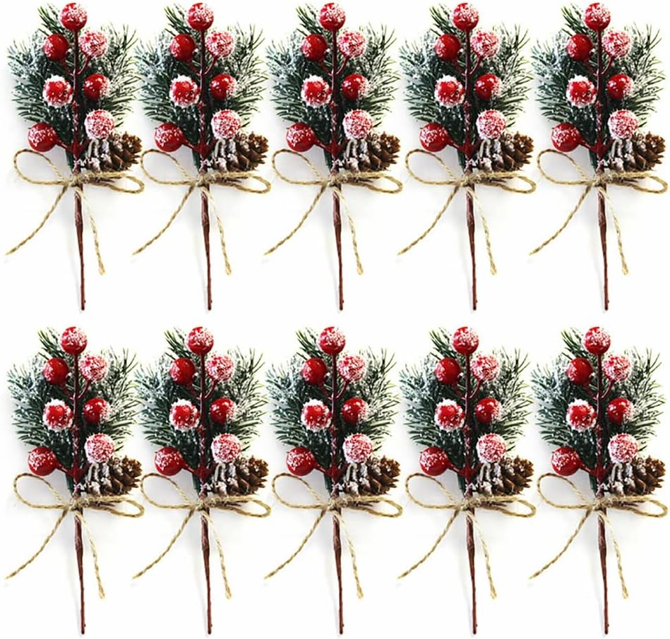 Berry Stems Pine Branches 10 Pack, Christmas Picks Spray Artificial Pine Cones Holly Stem Craft, Winter Holiday Floral Picks Holly Stem for Xmas Garland Wreath Ornaments.