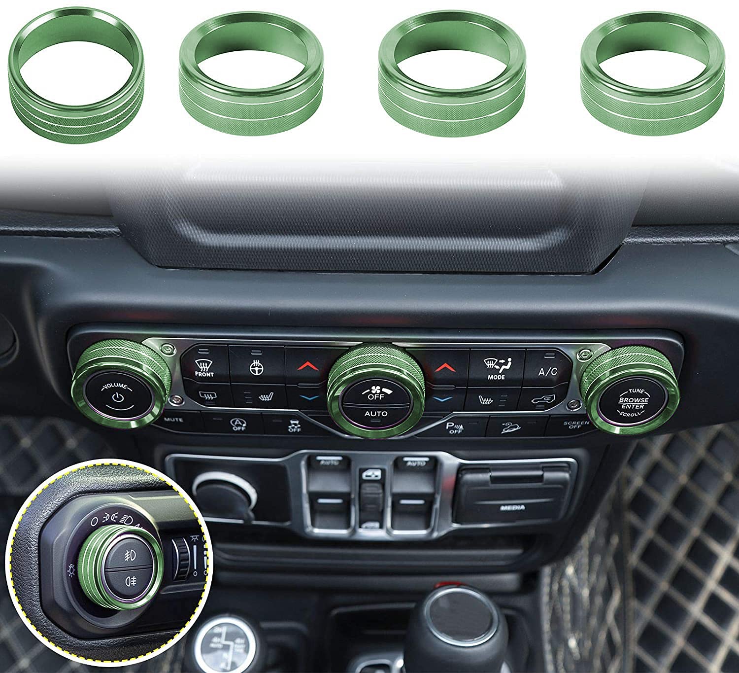 VoodonalaAir Conditioner Headlight Switch Knob Trim for 2018-2021 Jeep Wrangler JL JLU Gladiator JT, Green Aluminum Alloy 4pcs