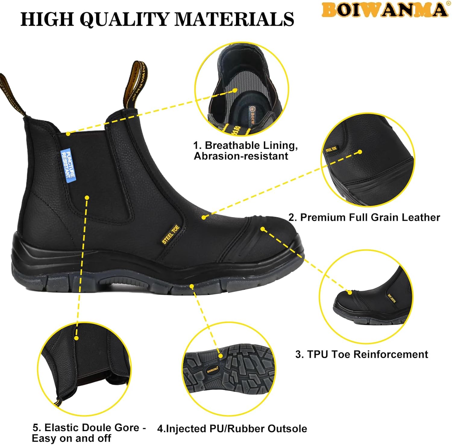Work Boots for Men, Steel Toe, Puncture-Resistant, Pull on Chelsea Leather Safety Boots, US Size 6-15 M & W - Image 4