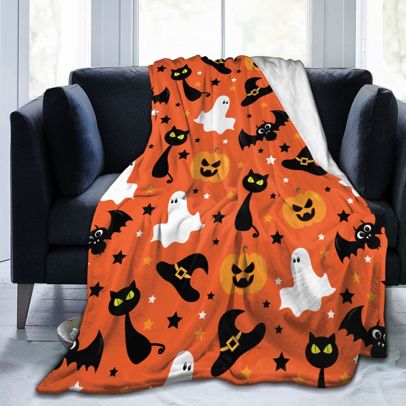 Lsjuee Halloween Ghost Bat Pumpkin Cat Throw Blanket Funny Halloween Theme Design Blankets Lightweight Soft Cozy Flannel Black Cat Blanket for Sofa Couch Bed 80"X60"