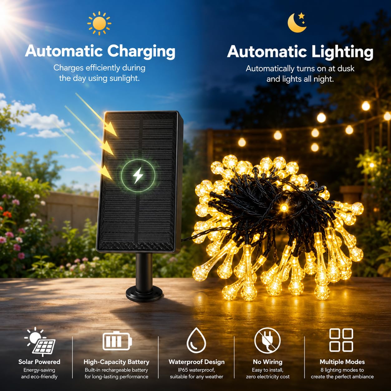 Guirnalda de luces solares de 12 m para exteriores, valla de jardín, cálida, RGB CC, carga negra