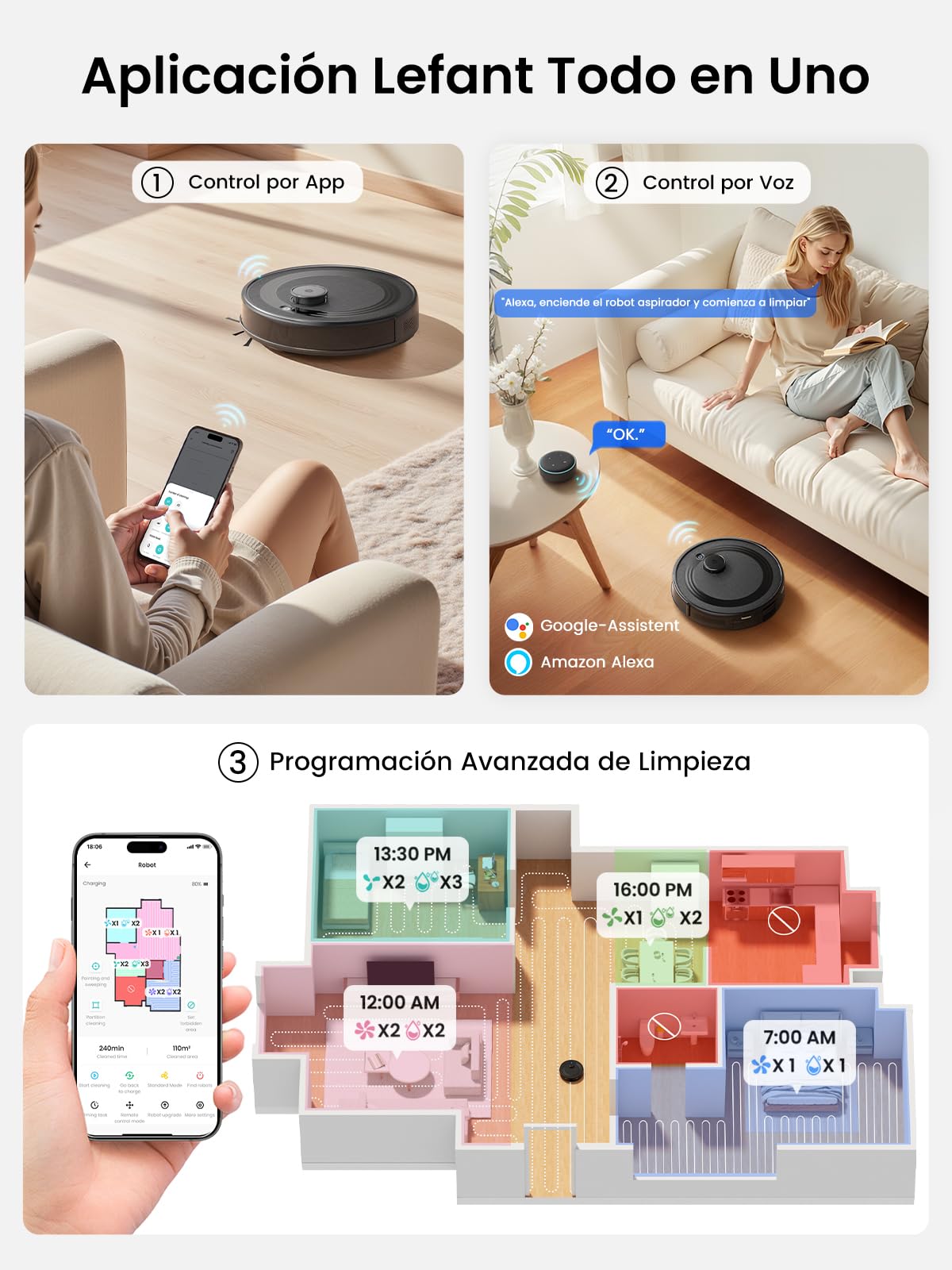 Lefant M2 Pro Robot Aspirador y Fregasuelos, 6000pa, 90 Días Autovaciado, Mapeo Multinivel, Navegación dToF, Limpieza Personalizada, Ideal para Limpiar Suelos Mixtos y Pelo Mascotas