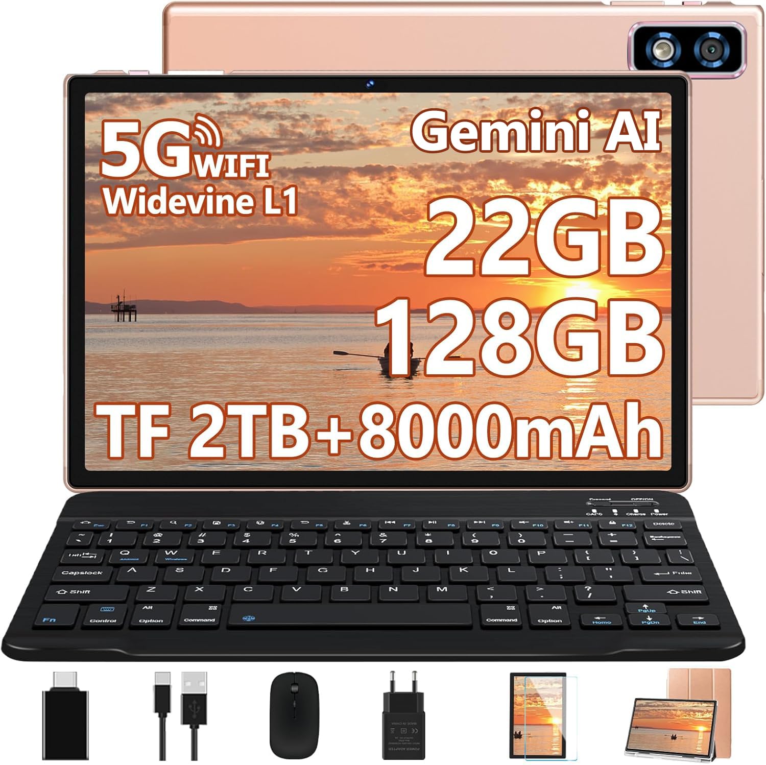 Último Tablet Gemini AI Android, Tablet 10 Pulgadas, 22GB+128GB/TF 1TB, Octa-Core 2.0GHz, 5G WiFi, Bluetooth5.0, 8000mAh Batería, 8MP+5MP, Widevine L1, GPS, Tablet con Funda, Teclado y Ratón - Dorado