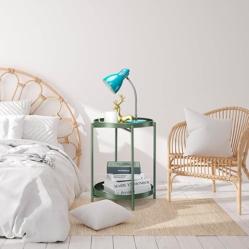 Miniatura 6 de danpinera Mesa auxiliar de metal de 2 niveles con bandeja extraíble, mesa auxiliar plegable al aire libre, mesa auxiliar pequeña, mesa de noche