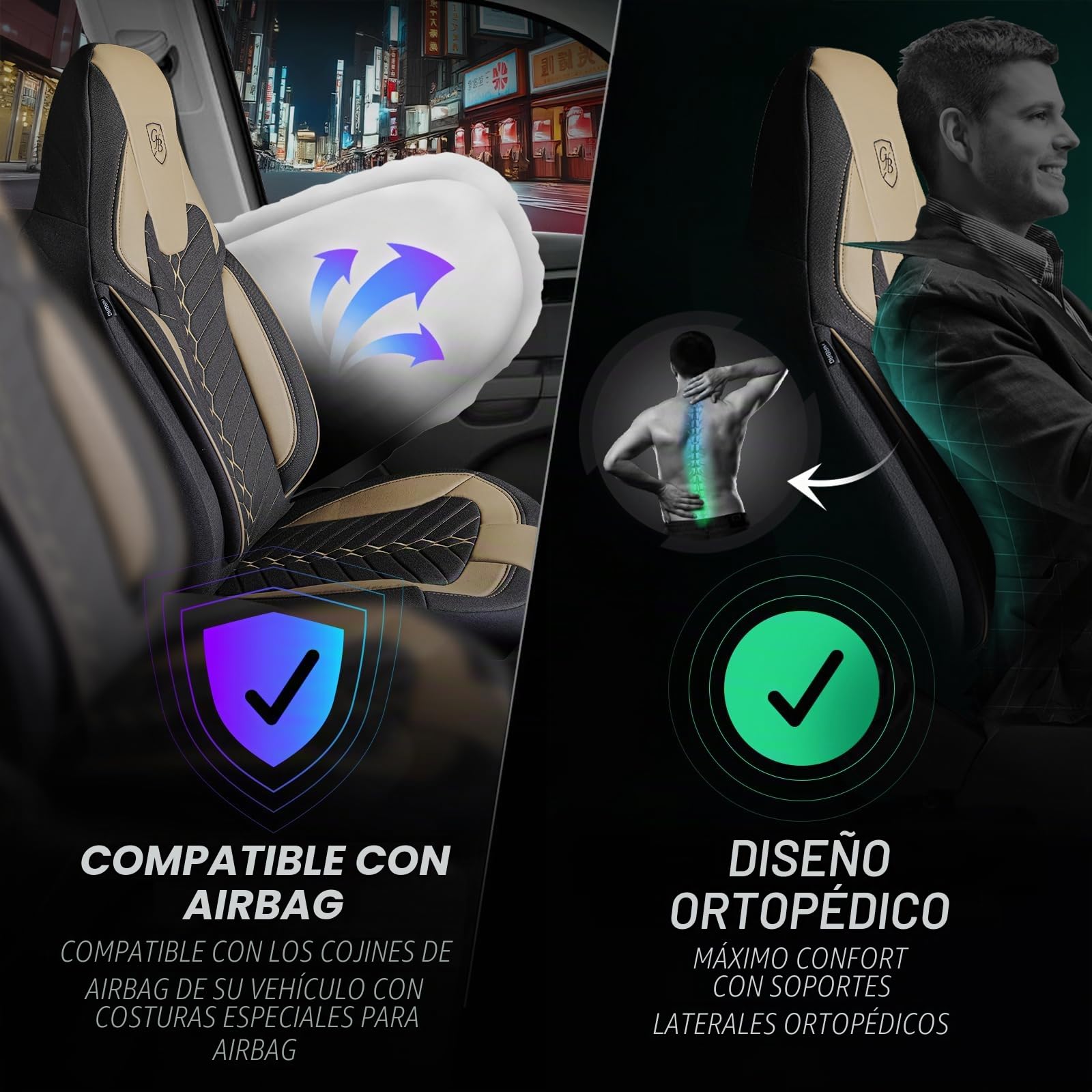 Fundas de Asiento Camper en Lino, compatibles Fiat Ducato, Citroën Jumper, Peugeot Boxer, Asientos Delanteros Conductor & acompañante, Camper & Caravana, Negro-Beige