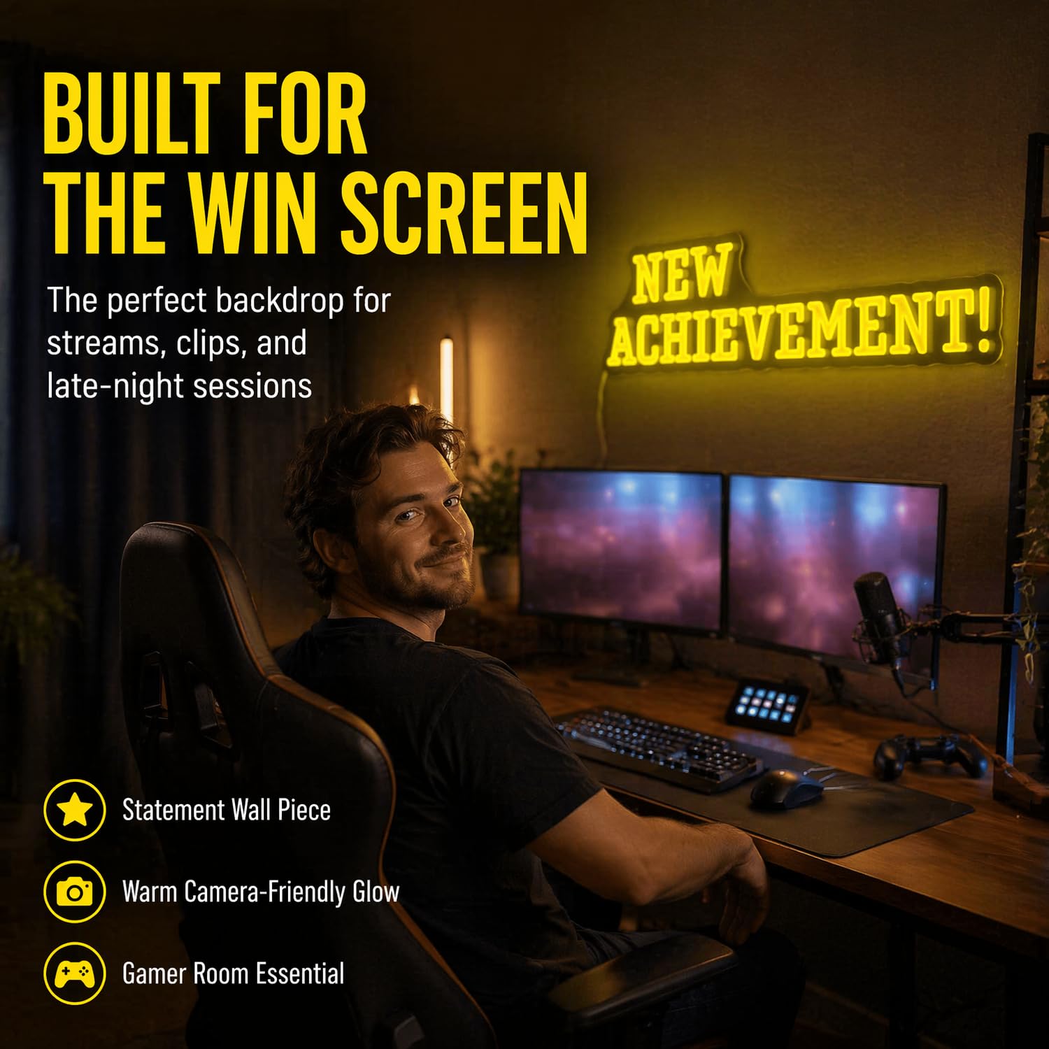 Targa al neon con scritta "NEW ACHIEVEMENT!", 45 x 15,2 cm, decorazione da parete a LED gialla, con retro in acrilico, alimentata tramite USB, per la stanza dei videogiochi, per la camera da letto e