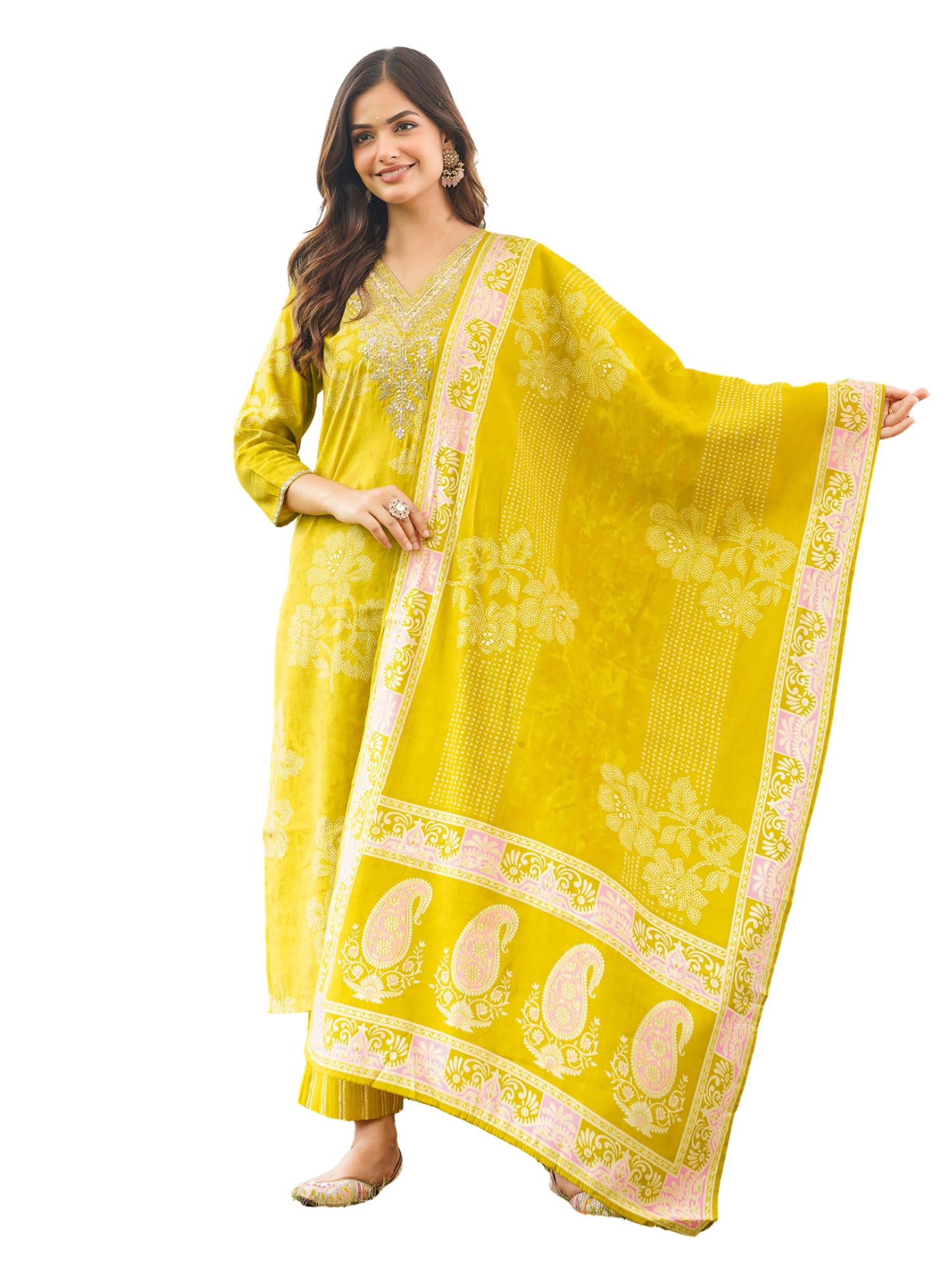vaamsi Women's Yellow Poly Chanderi Embroidered Straight Floral Kurta Trousers With Dupatta Set | Daily Straight Kurta Set For Women | Floral Salwar Suit For Women-picture-15
