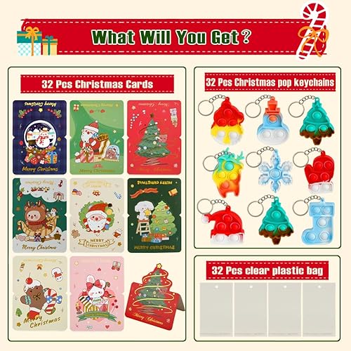 Miniatura 3 de Paquete de 32 recuerdos de fiesta de Navidad para niños de 4 a 8 años, mini llavero de juguetes antiestrés con tarjetas de Navidad para niños y