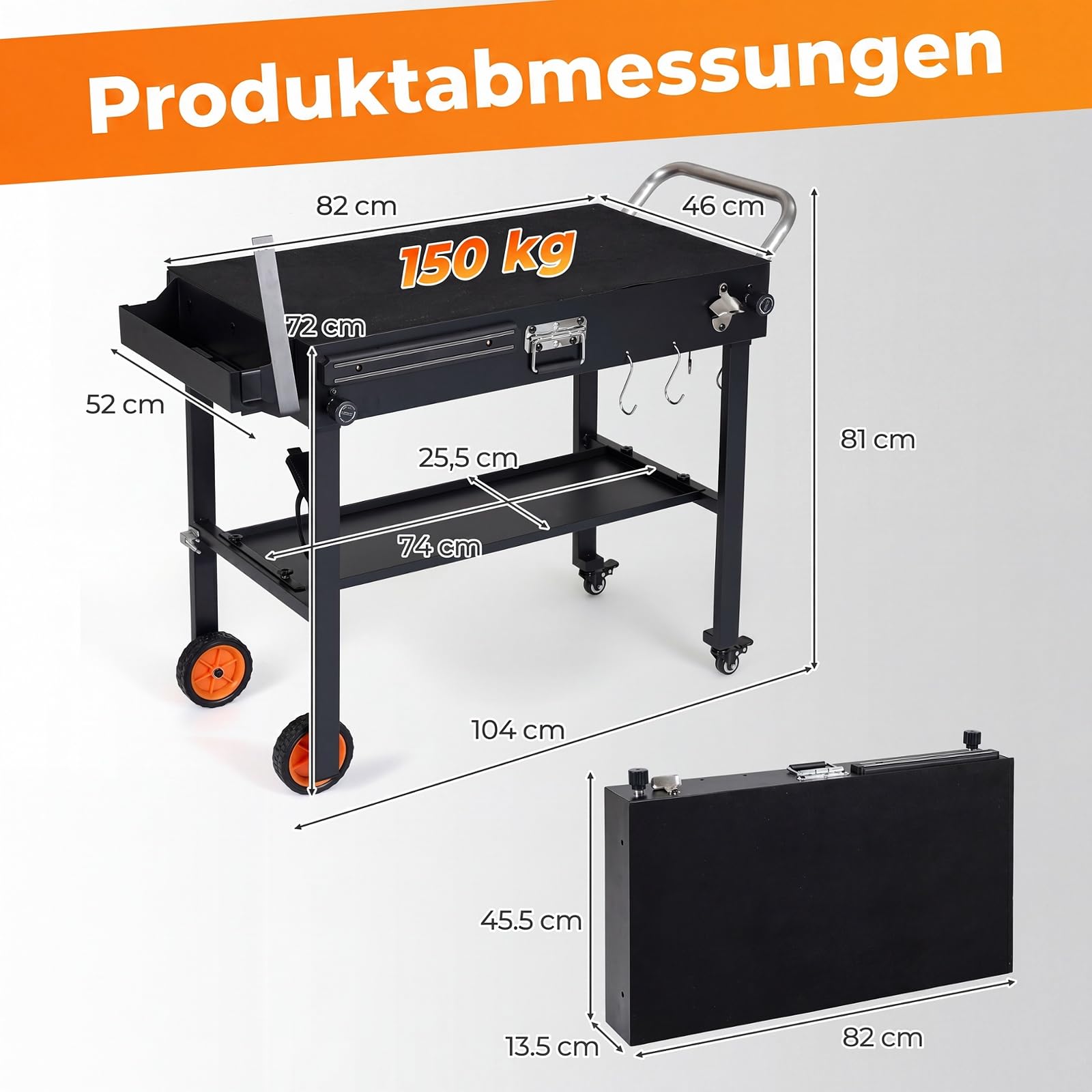 COSTWAY Grillwagen Outdoor, Grilltisch klappbar, Servierwagen Metall | Pizzatisch mit Rollen, 82 x 46 cm Arbeitsfläche & Hitzeschutzmatte, Grill Beistelltisch wetterfest, für BBQ Partys Garten
