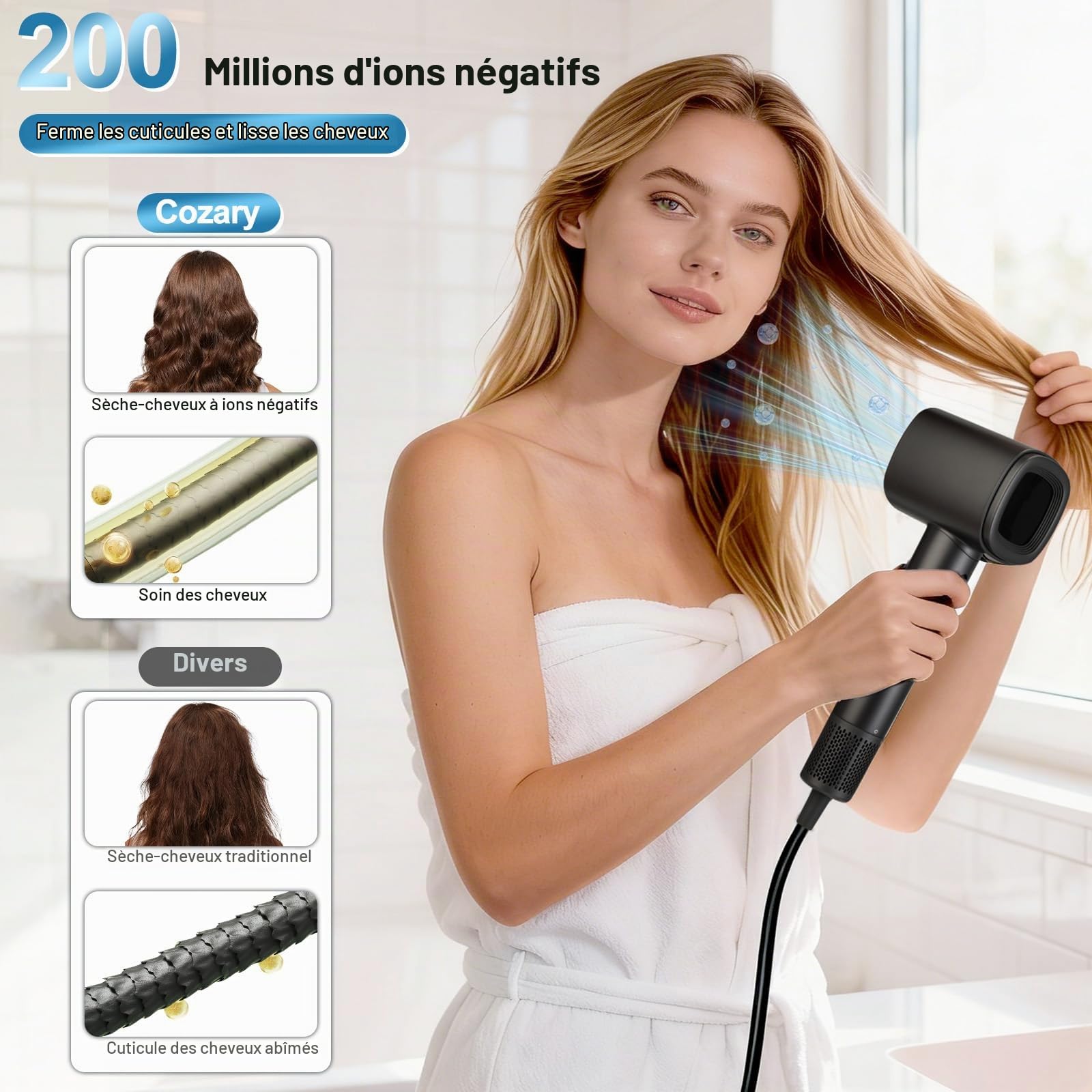Cozary Seche Cheveux Professionnel, 200 Millions Sèche Cheveux Ionique, 110000 U/min Hair Dryer Séchage Rapide Cheveux, Sèche-cheveux Silencieux 59 dB pour Voyages, 3 Réglages Température, 2 Vitesses