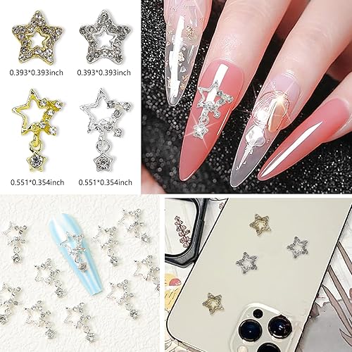 Vista 2 de YECIRALA - 40 dijes de estrella para uñas acrílicas, estrellas doradas y plateadas, diamantes de imitación de uñas, gemas de uñas, joyas