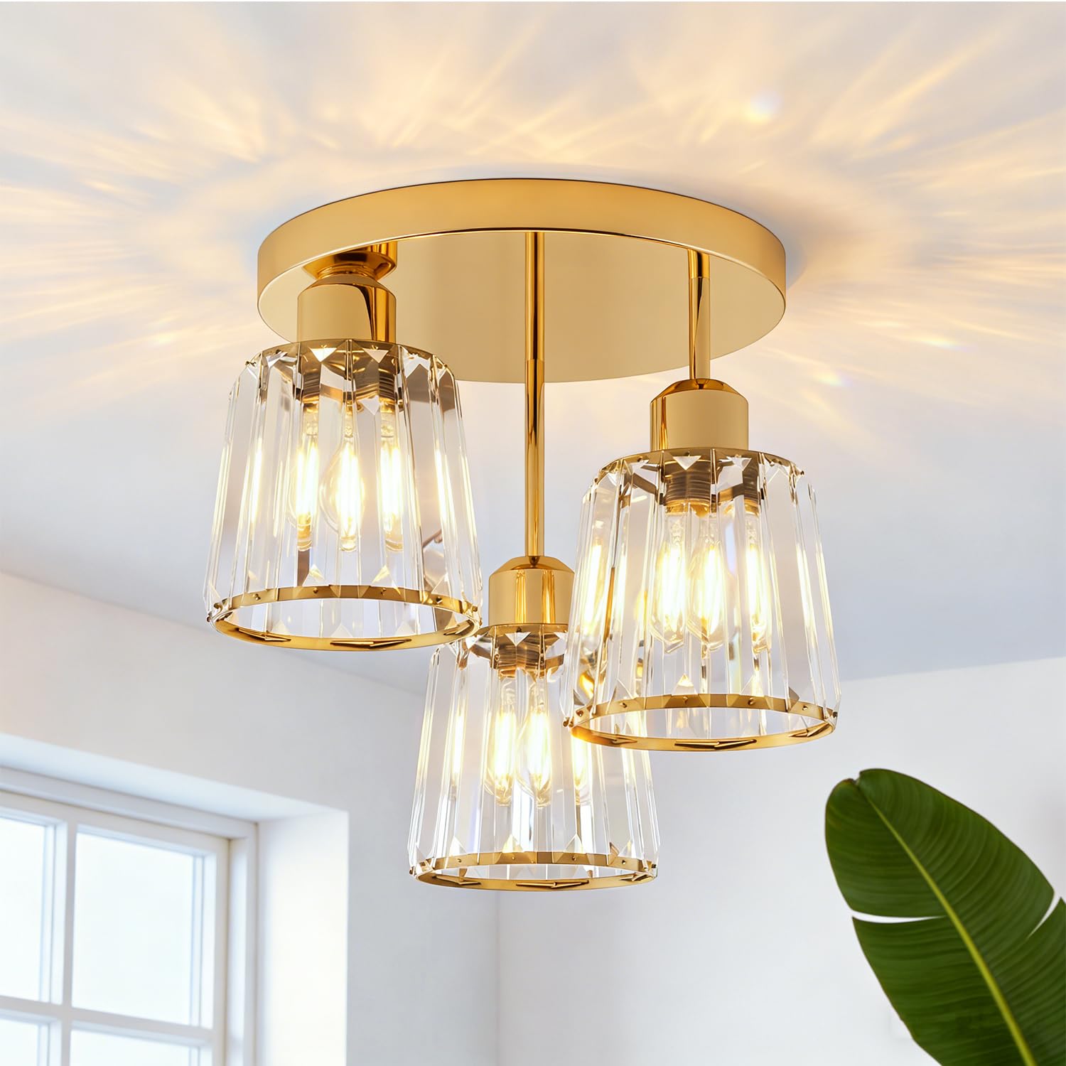 Anwio Gold -E27 Base Gold Ceiling Light,Chandelier Ceiling Lights,3 Light Fittings,Kitchen Lights Ceiling,Ceiling Lights Living Room,E27 Light Shade Ceiling,Morden Crystal Ceiling Lighting(Lamp Diam 25Cm)