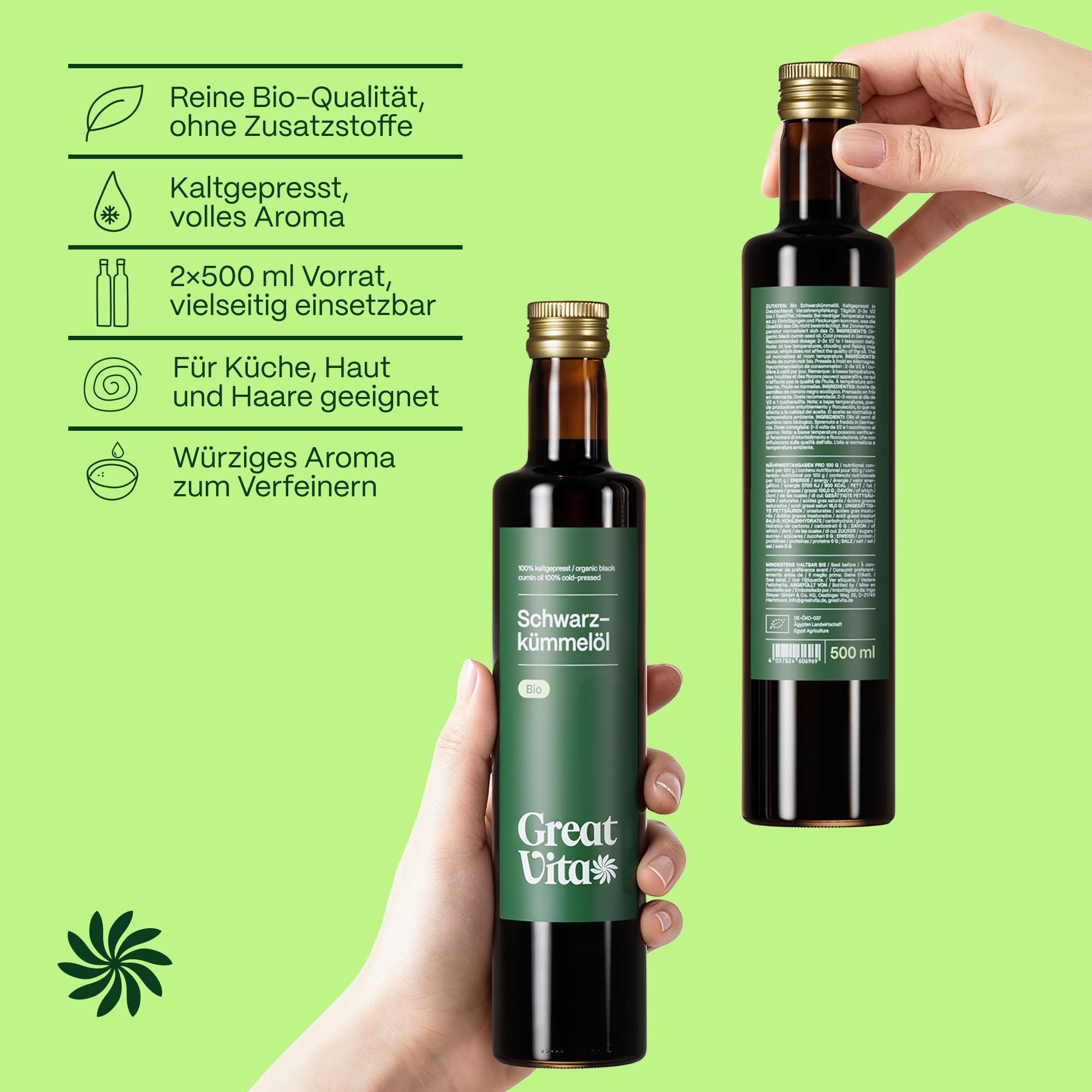 GreatVita Schwarzkümmelöl bio kaltgepresst 1L (2x 500 ml) - 100% rein, vegan - Black Seed Oil - Schwarzkümmelöl kaltgepresst und gefiltert für Küche, Haar-& Körperpflege - ohne Zusatzstoffe