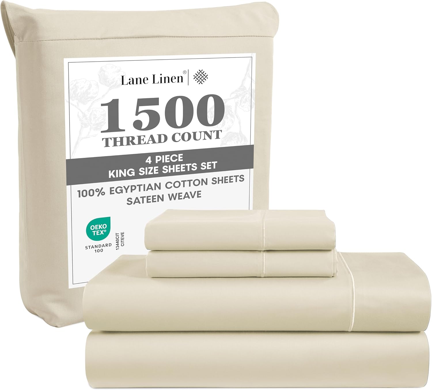 LANE LINEN 100% Egyptian Cotton King Size Sheets Set - 1500 TC, 4 Pieces - Luxury Sateen Weave Cotton Sheets King Size - 15" Extra Deep Pocket King Bed Sheets & Pillowcases Set - Ivory