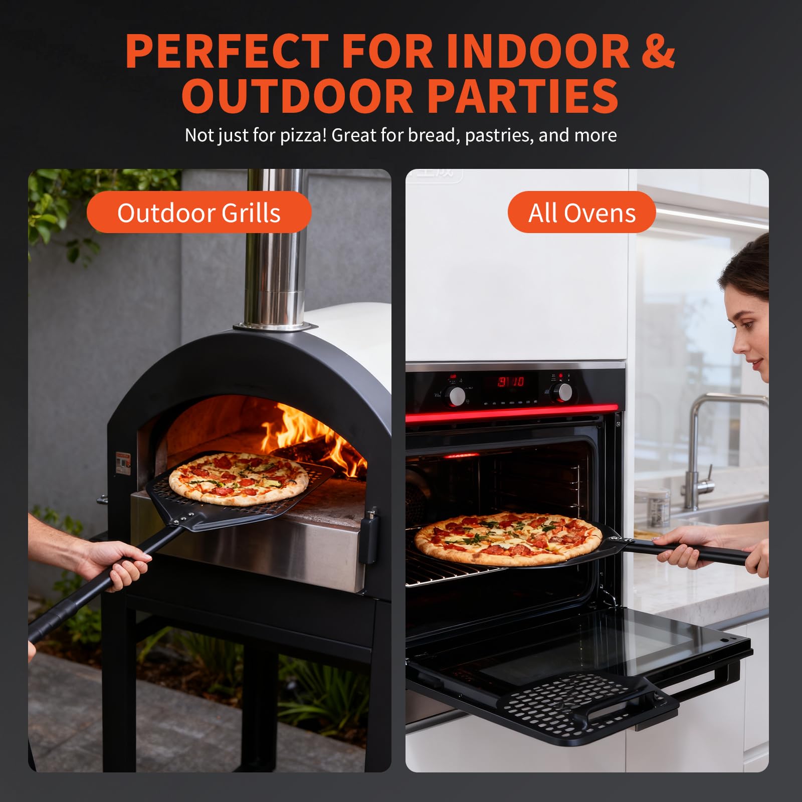 Perforierter Pizzaschieber 12 zoll Pizza Schaufel aus Harteloxiertem Aluminium mit 32cm Pizzamesser für Hausgemachte Pizza & Brot ideal für Pizzastein Backofen & Grill