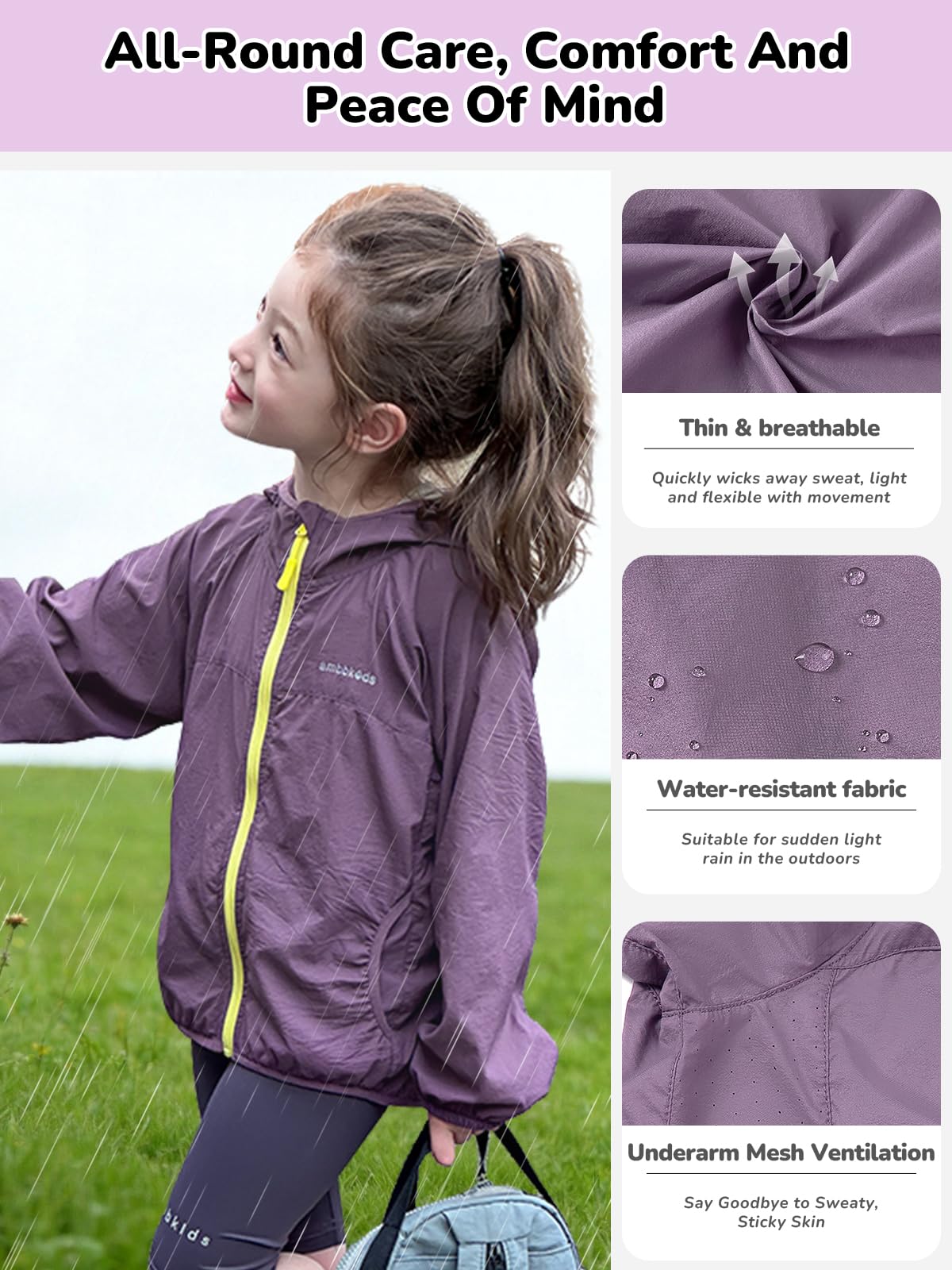 Miipat Veste Fille à Manches Longues Protection UPF50+ d'été Contre les Rayons UV Imperméable Capuche à Séchage Rapide Léger pour Enfants