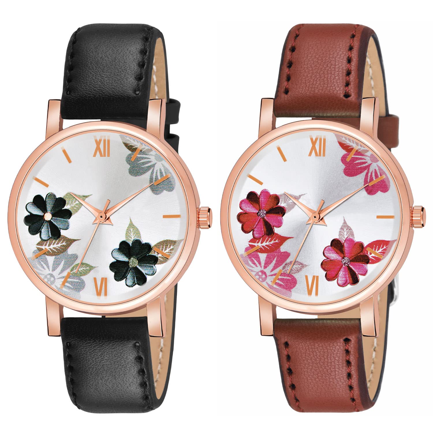 Shocknshop Analog Multi colored Flower Design Dial Combo Wrist Leather Band Watch for Women Girls - (Black & Brown Colored Strap) (B0BD8N97J5) Amazon Price History, Amazon Price Tracker