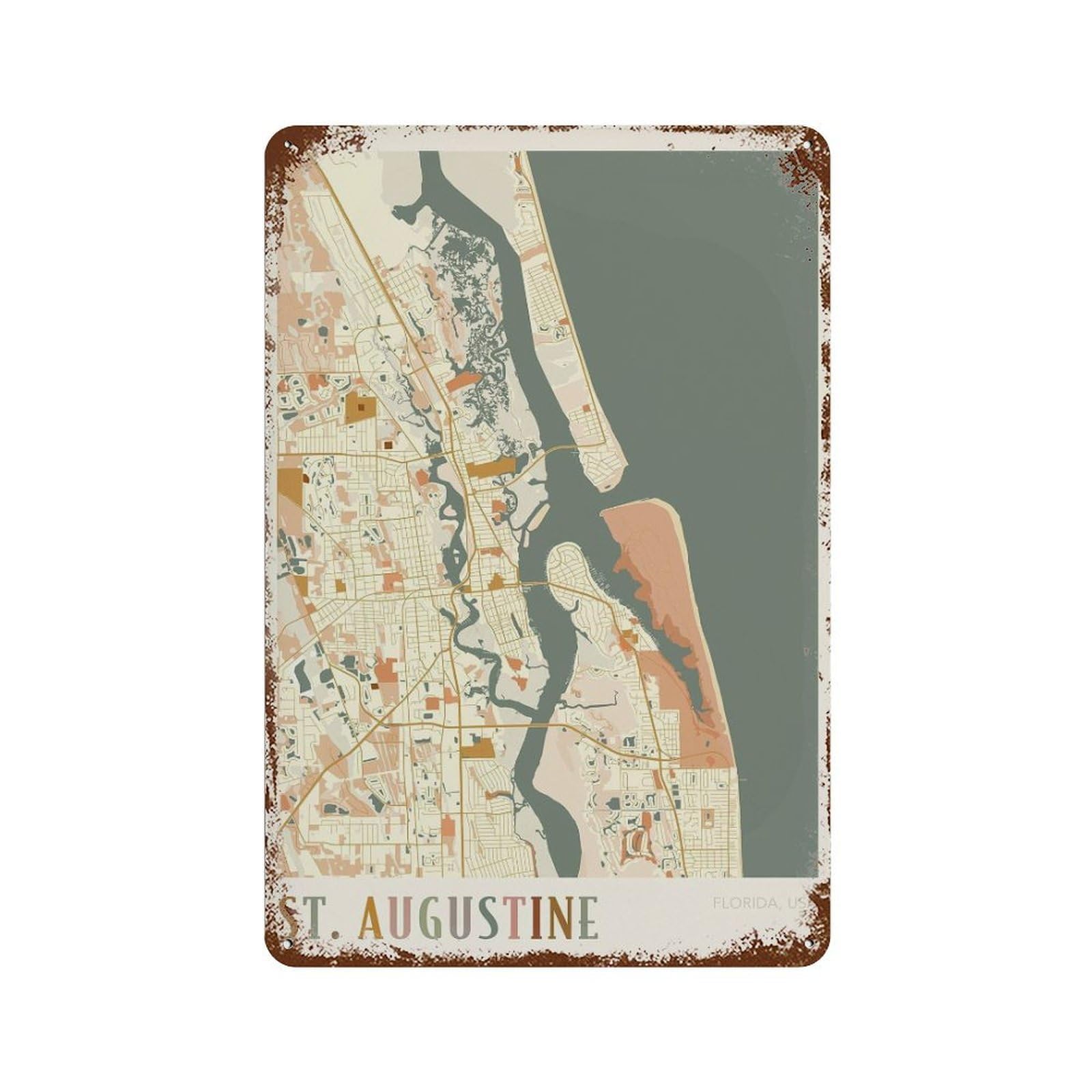 xiaoxiaoshen St Augustine Map Florida Travel Gift Boho Wall Decor Art Metal Tin Poster Modern Home Decor Art Home Bar Shop Decorations Vintage Sign 30x20cm