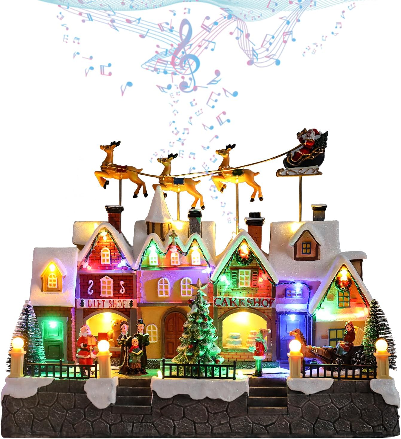 vipush christmas village house decorations resin reindeer pulled santa claus above the village. home decor indoor building figurines revolving train with led light and 8 christmas music for kids