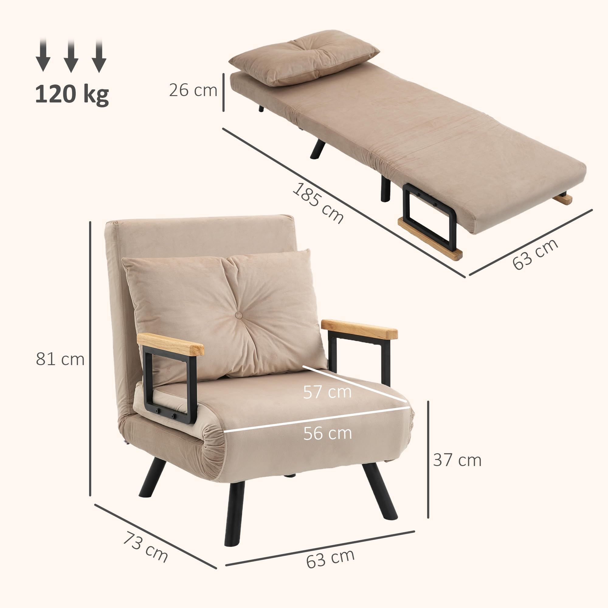 HOMCOM Fauteuil Convertible 1 Place, Fauteuil-lit chauffeuse 3 en 1 avec Dossier réglable 5 Positions, Oreiller, siège rembourré, Tissu Aspect Velours, canapé-lit pour invités, Salon, Bureau, Beige