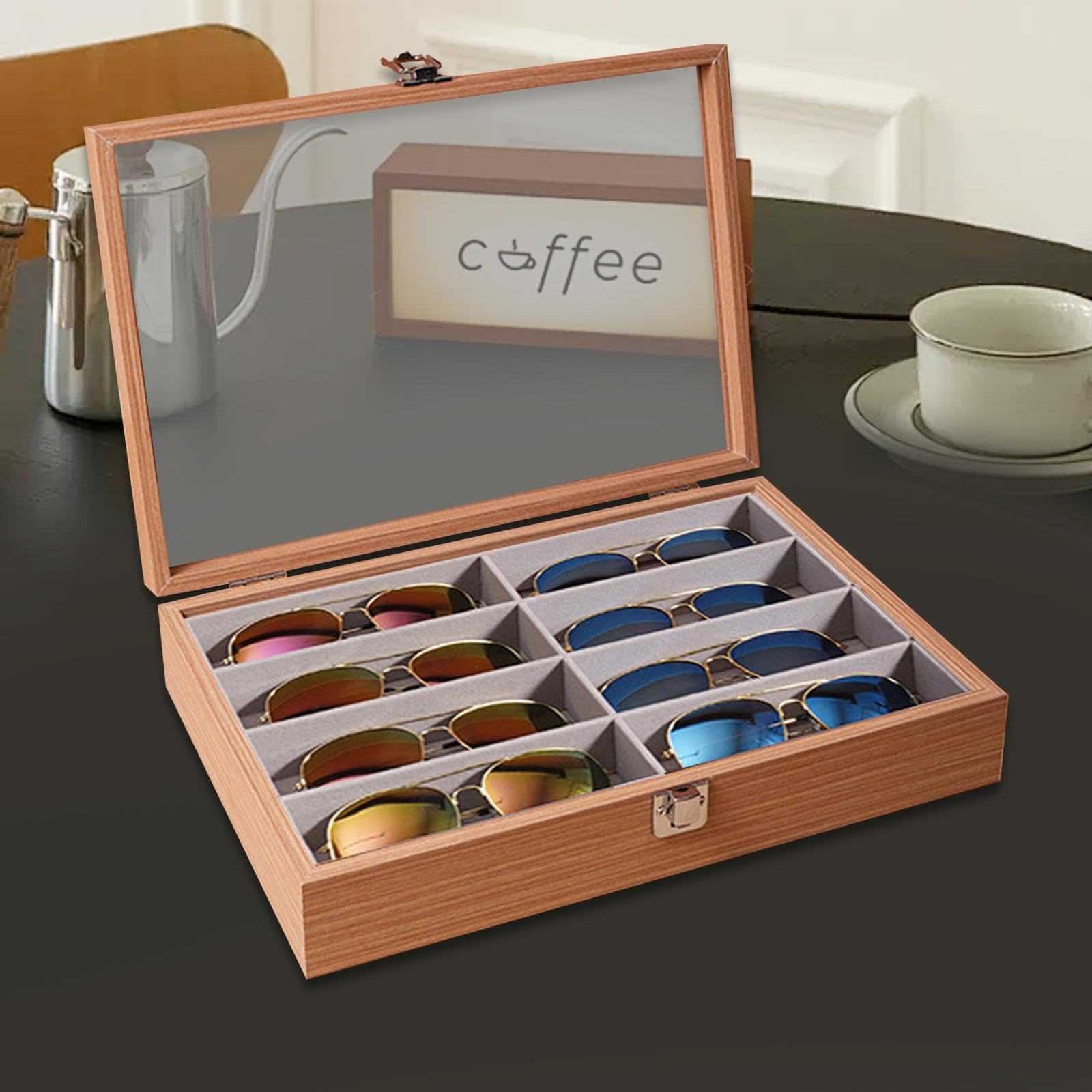 Brille Holzablage 8 Geteilte Fächer Brillenaufbewahrungsbox Sonnenbrillenorganizer Schmuckhalter Samt Innenfutter für Zuhause Studio Boutique