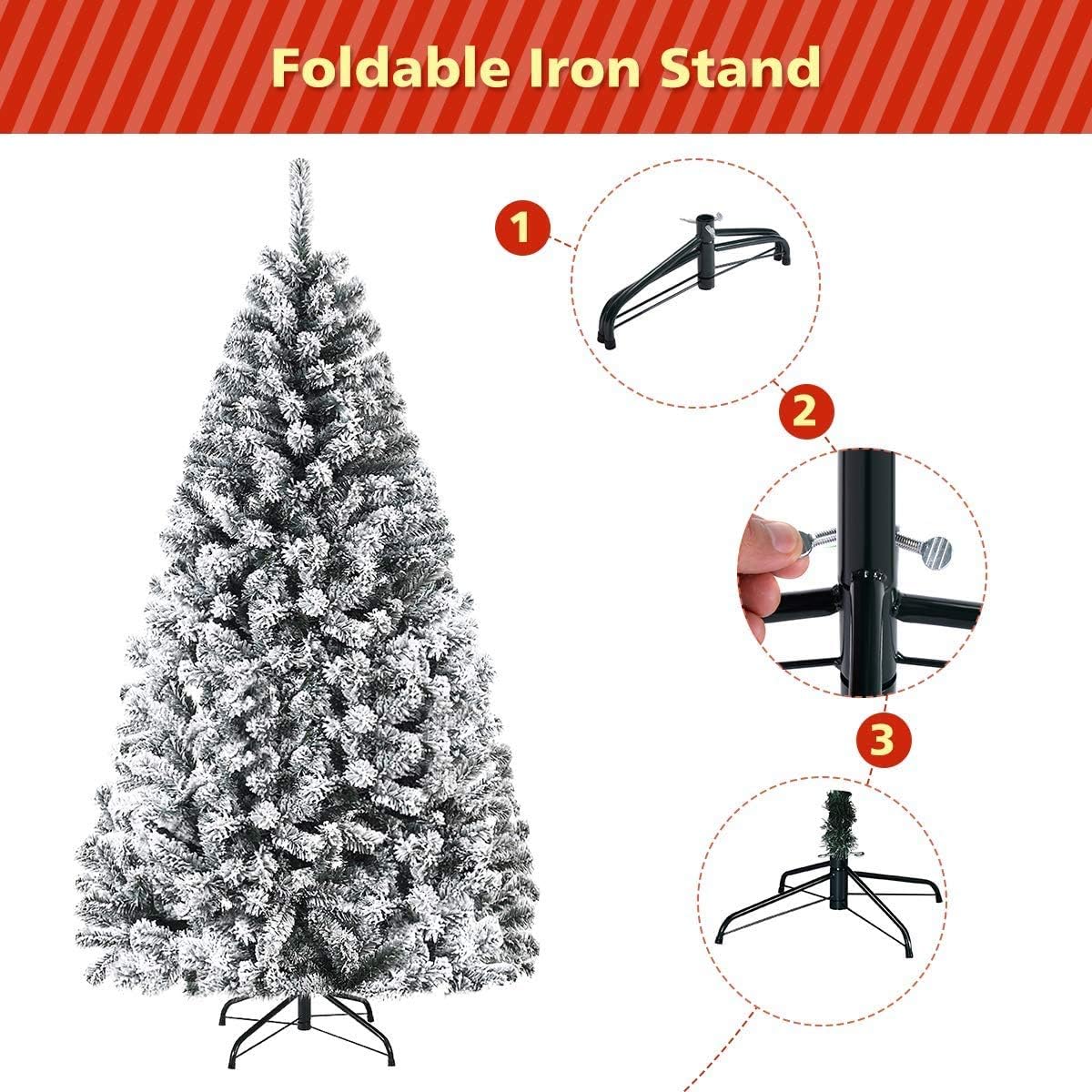DORTALA Flocked Christmas Tree 6FT, Unlit Artificial Full Xmas Tree with 600 Branch Tips, PVC Needles, Folding Metal Stand, Holiday Decor Tree for Home, Office, Shops, White