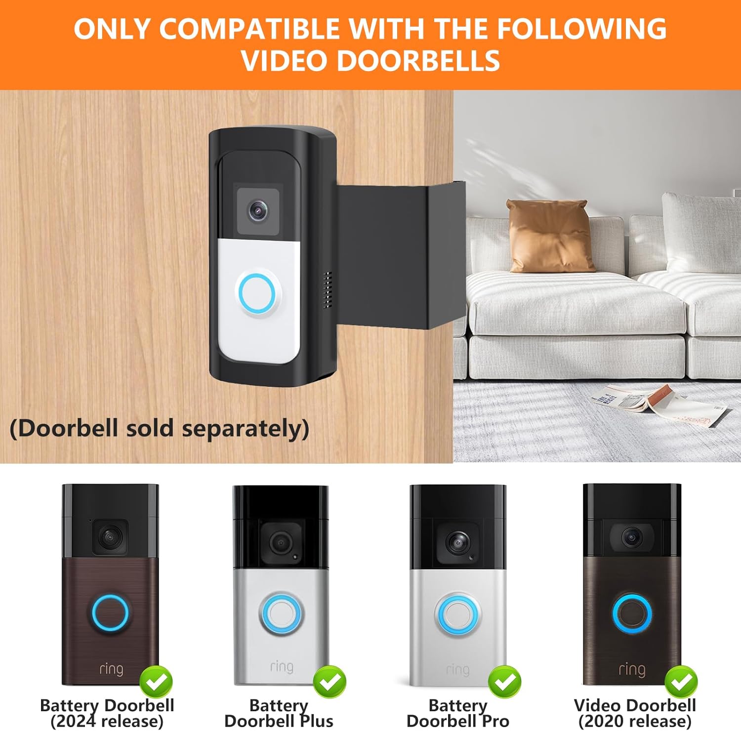 Anti-Theft Video Doorbell Camera Mount, Doorbell Bracket No Drilling Compatible with Video Doorbell for Houses, Apartments, Rentals (Black)