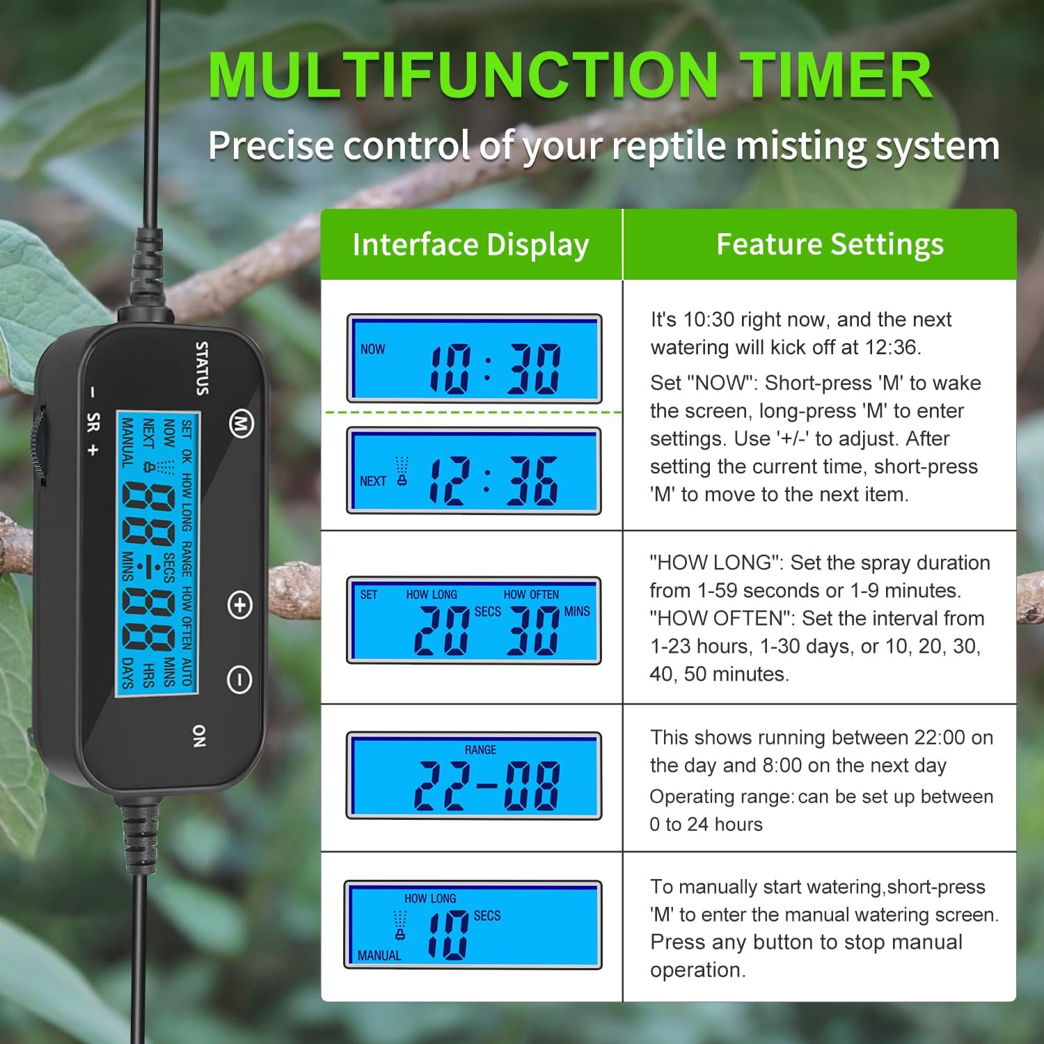 Reptile Misting System with Timer, 6 Adjustable-Joint Nozzles, Self-Priming Pump, Quiet Fine Mist for Chameleons, Geckos, Frogs & Terrariums